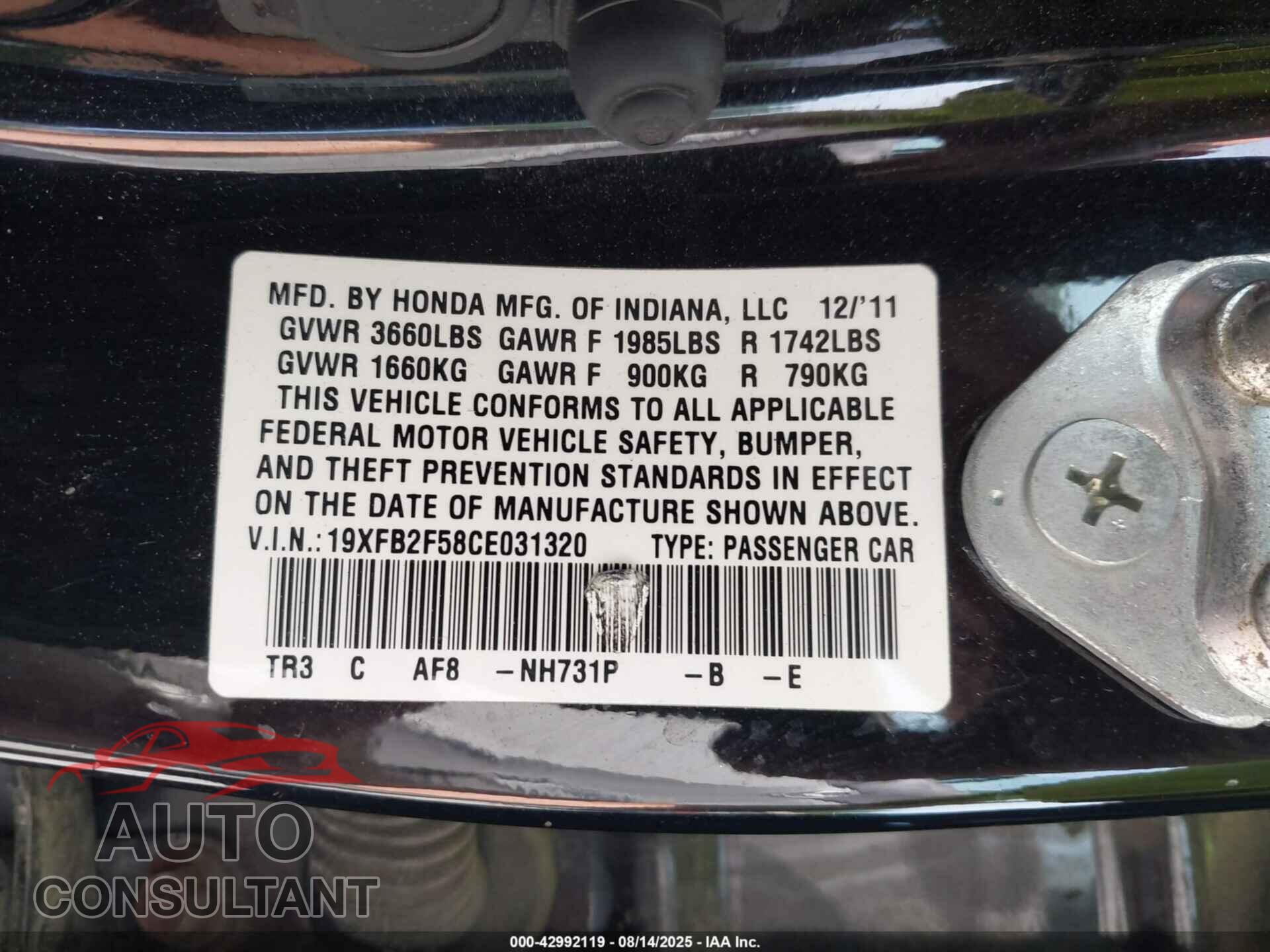 HONDA CIVIC 2012 - 19XFB2F58CE031320