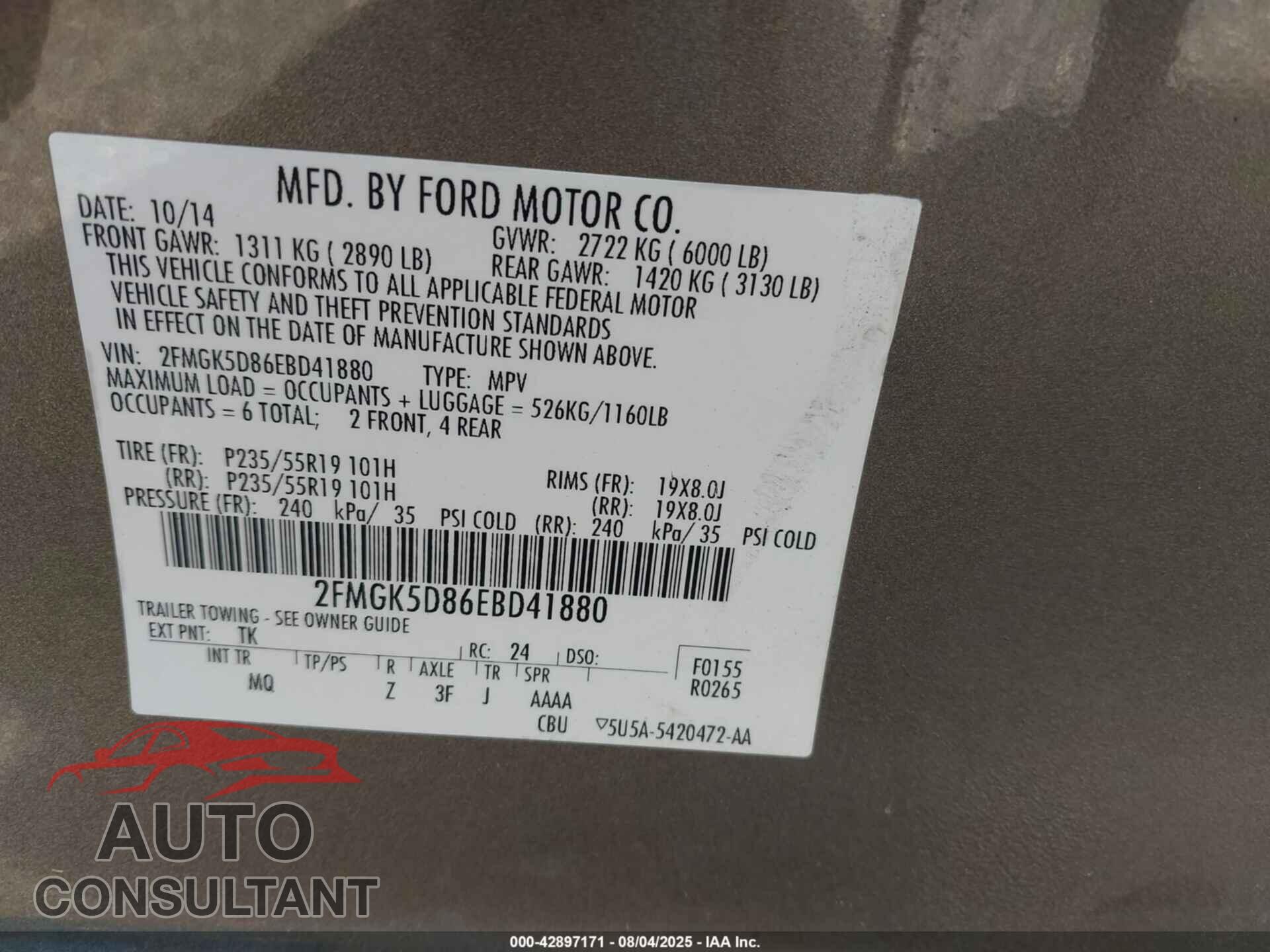 FORD FLEX 2014 - 2FMGK5D86EBD41880