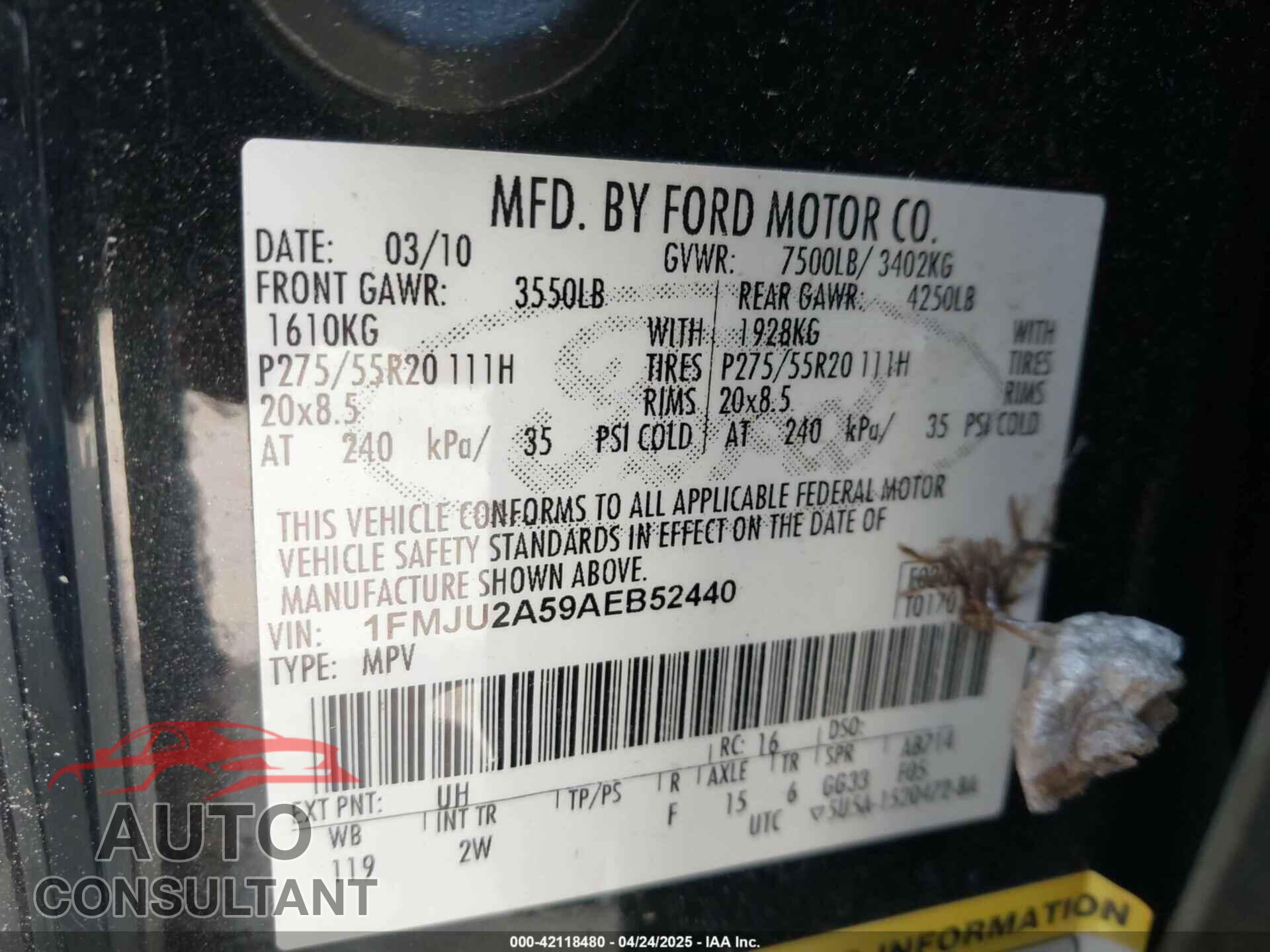 FORD EXPEDITION 2010 - 1FMJU2A59AEB52440