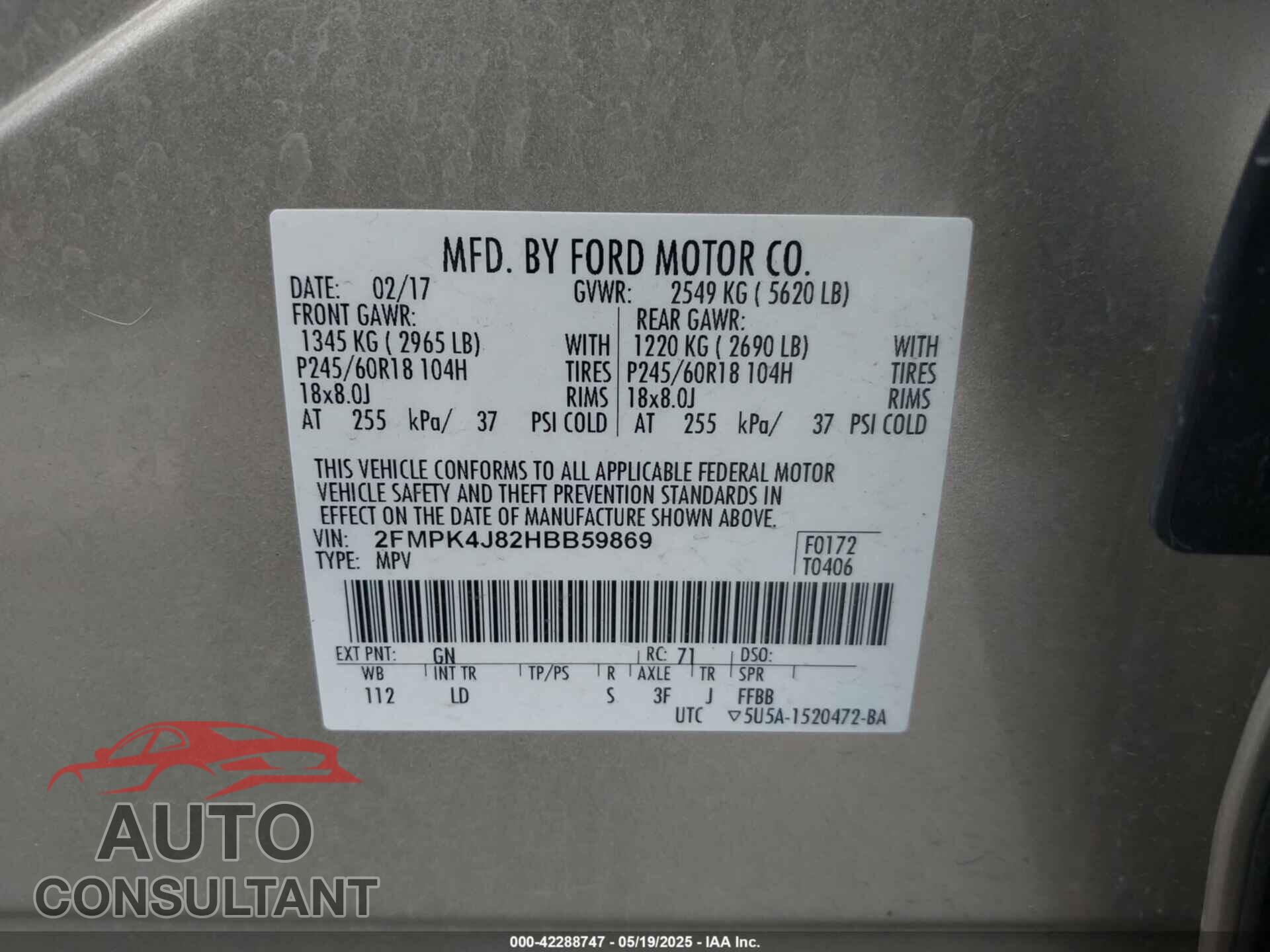 FORD EDGE 2017 - 2FMPK4J82HBB59869