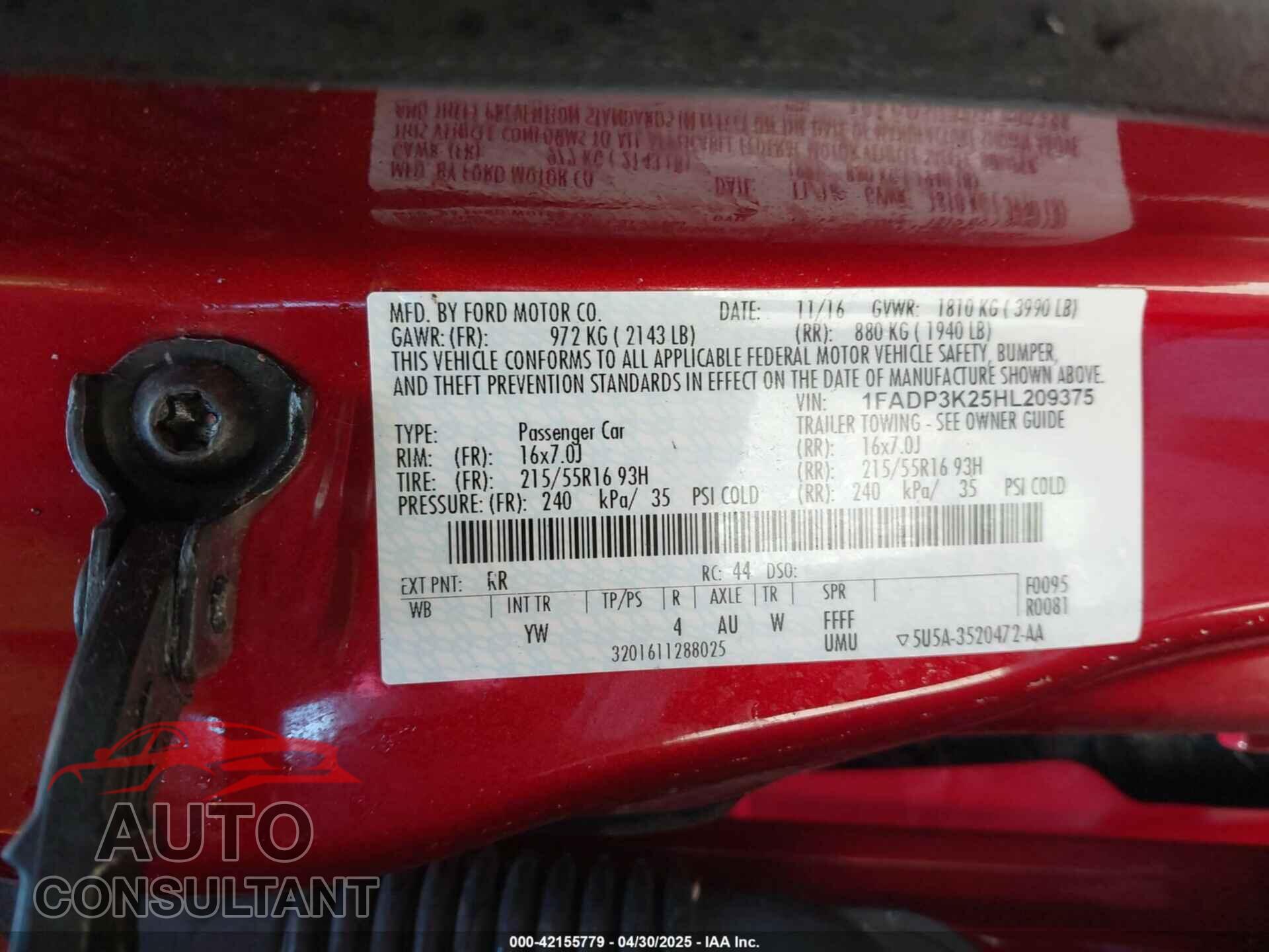FORD FOCUS 2017 - 1FADP3K25HL209375