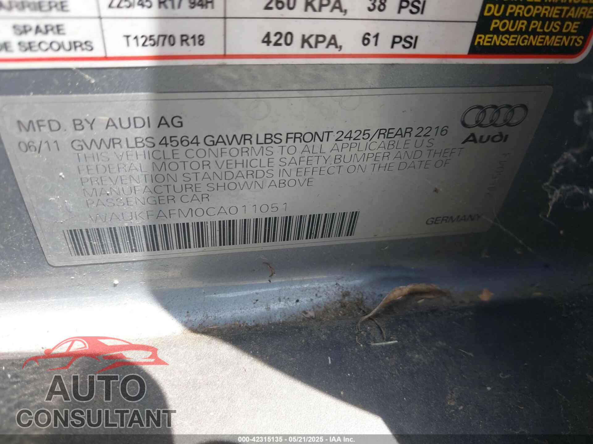 AUDI A3 2012 - WAUKFAFM0CA011051