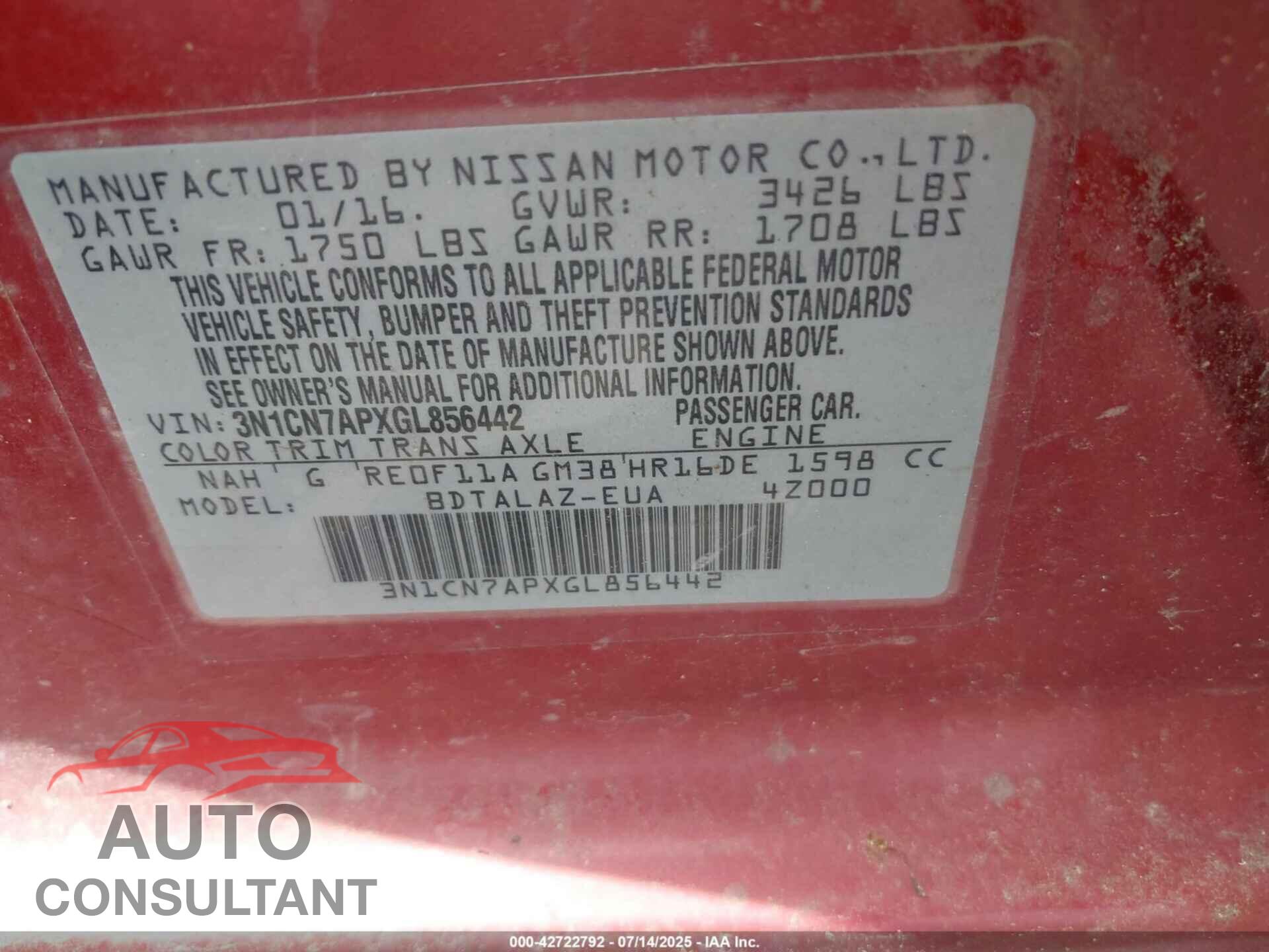 NISSAN VERSA 2016 - 3N1CN7APXGL856442
