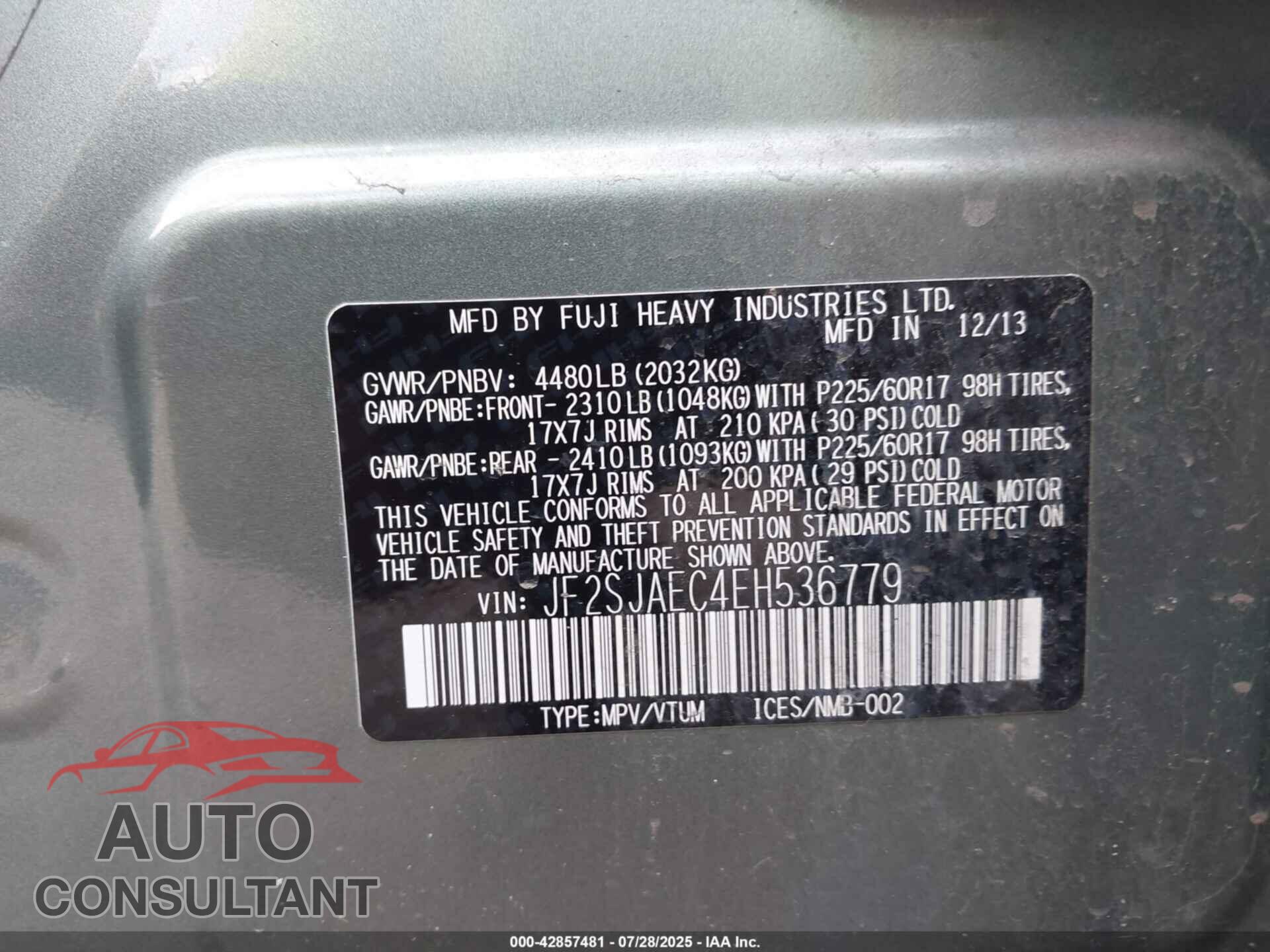 SUBARU FORESTER 2014 - JF2SJAEC4EH536779