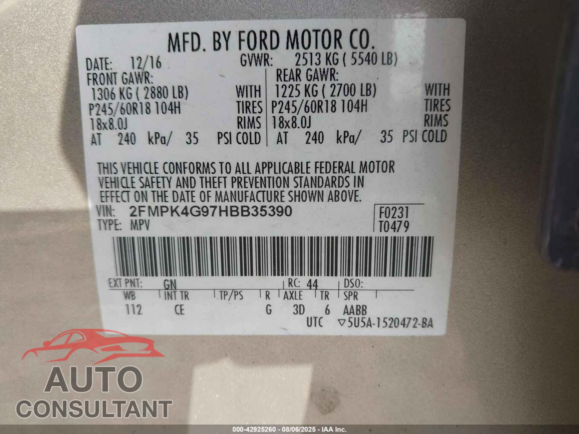 FORD EDGE 2017 - 2FMPK4G97HBB35390