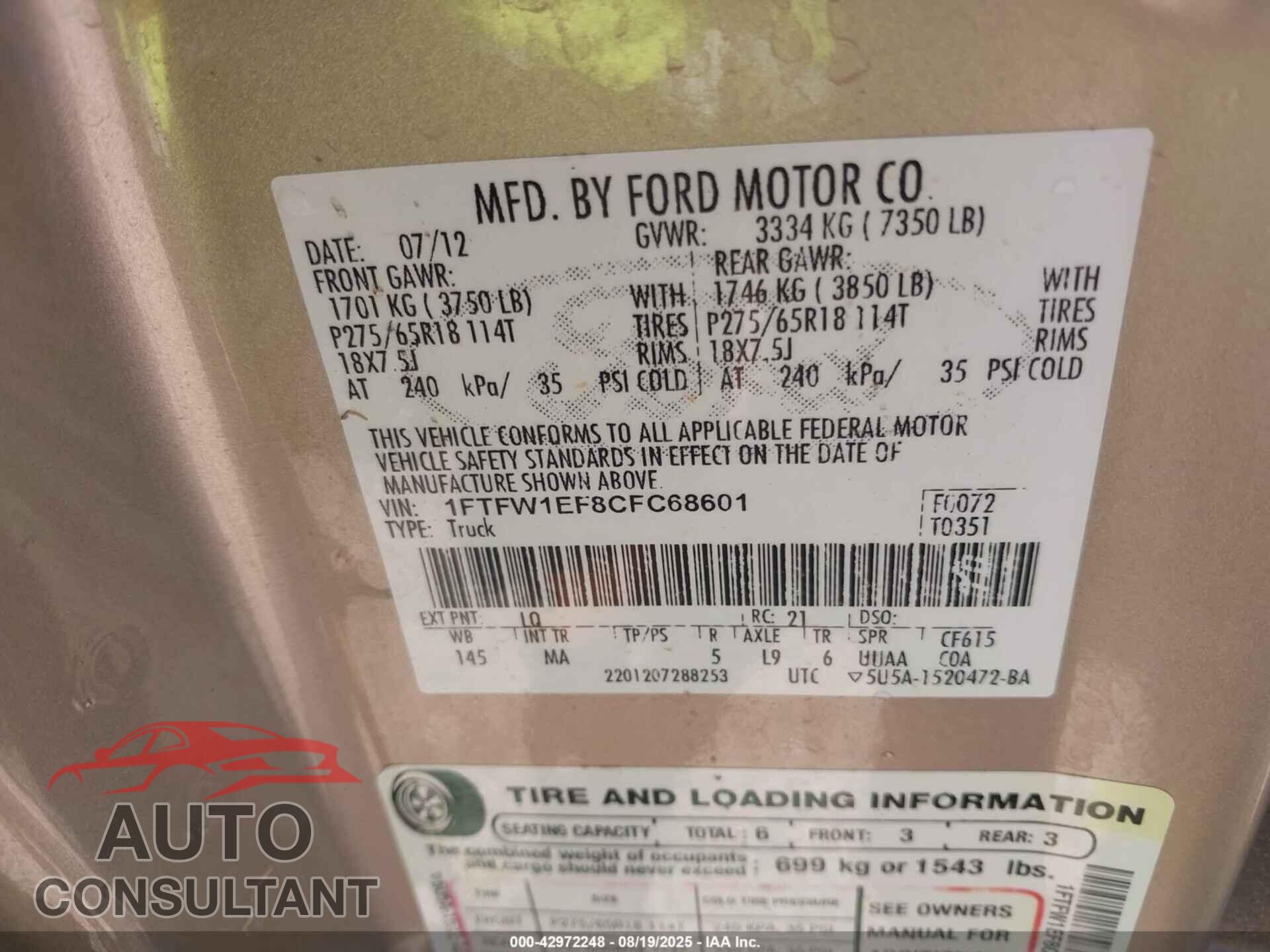 FORD F-150 2012 - 1FTFW1EF8CFC68601