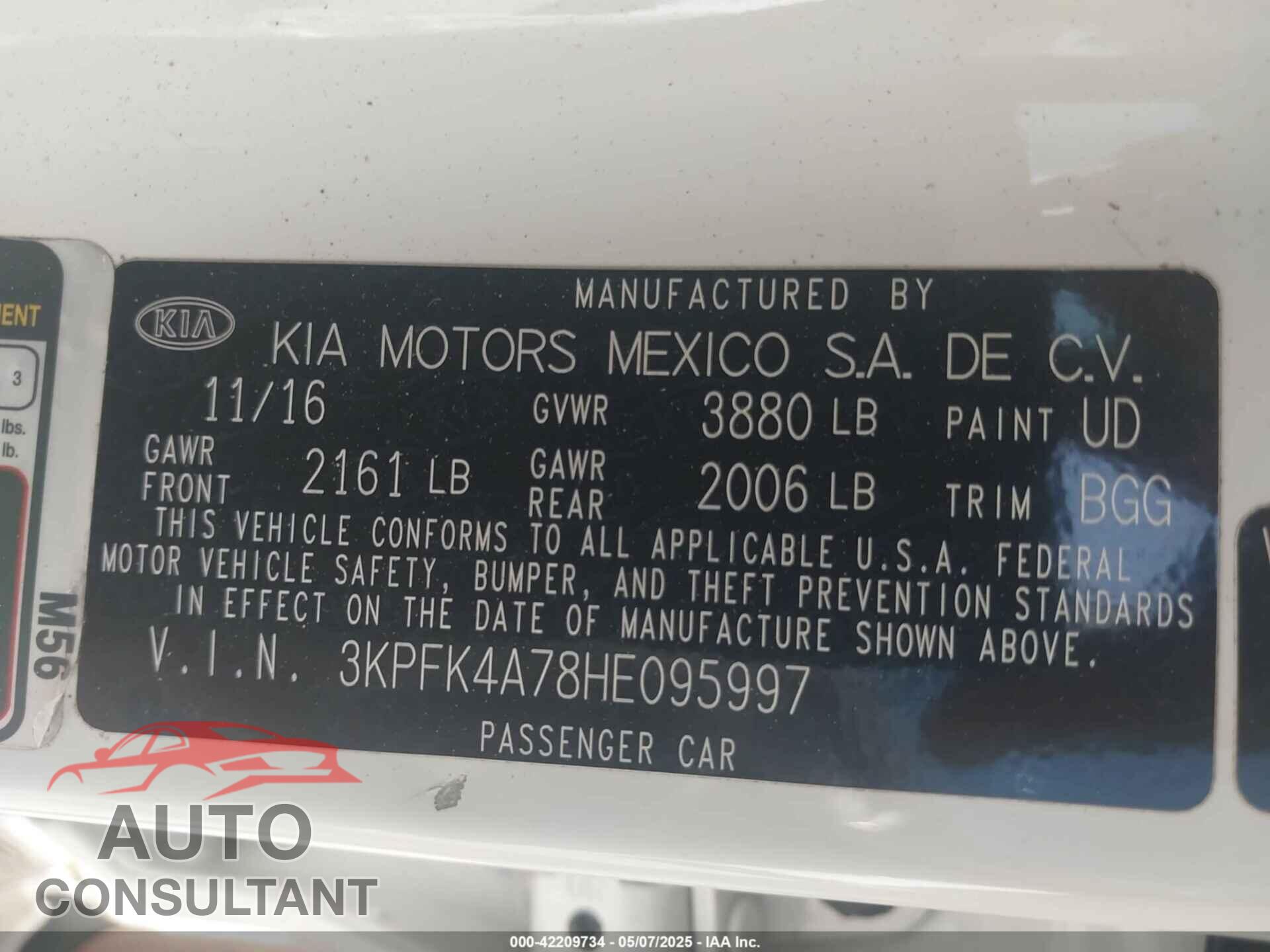 KIA FORTE 2017 - 3KPFK4A78HE095997
