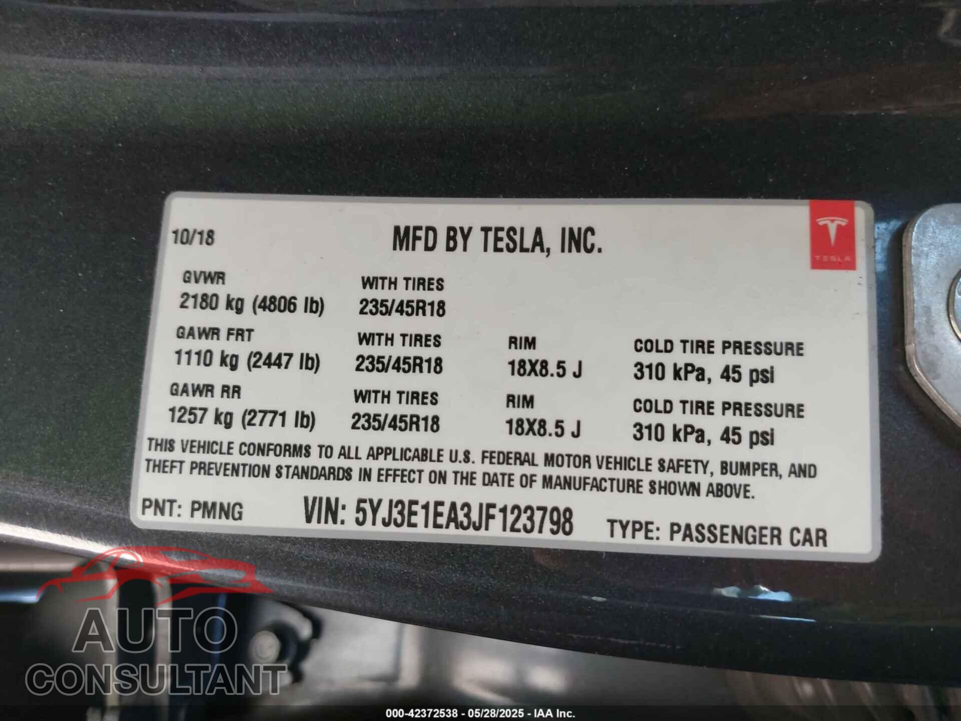 TESLA MODEL 3 2018 - 5YJ3E1EA3JF123798