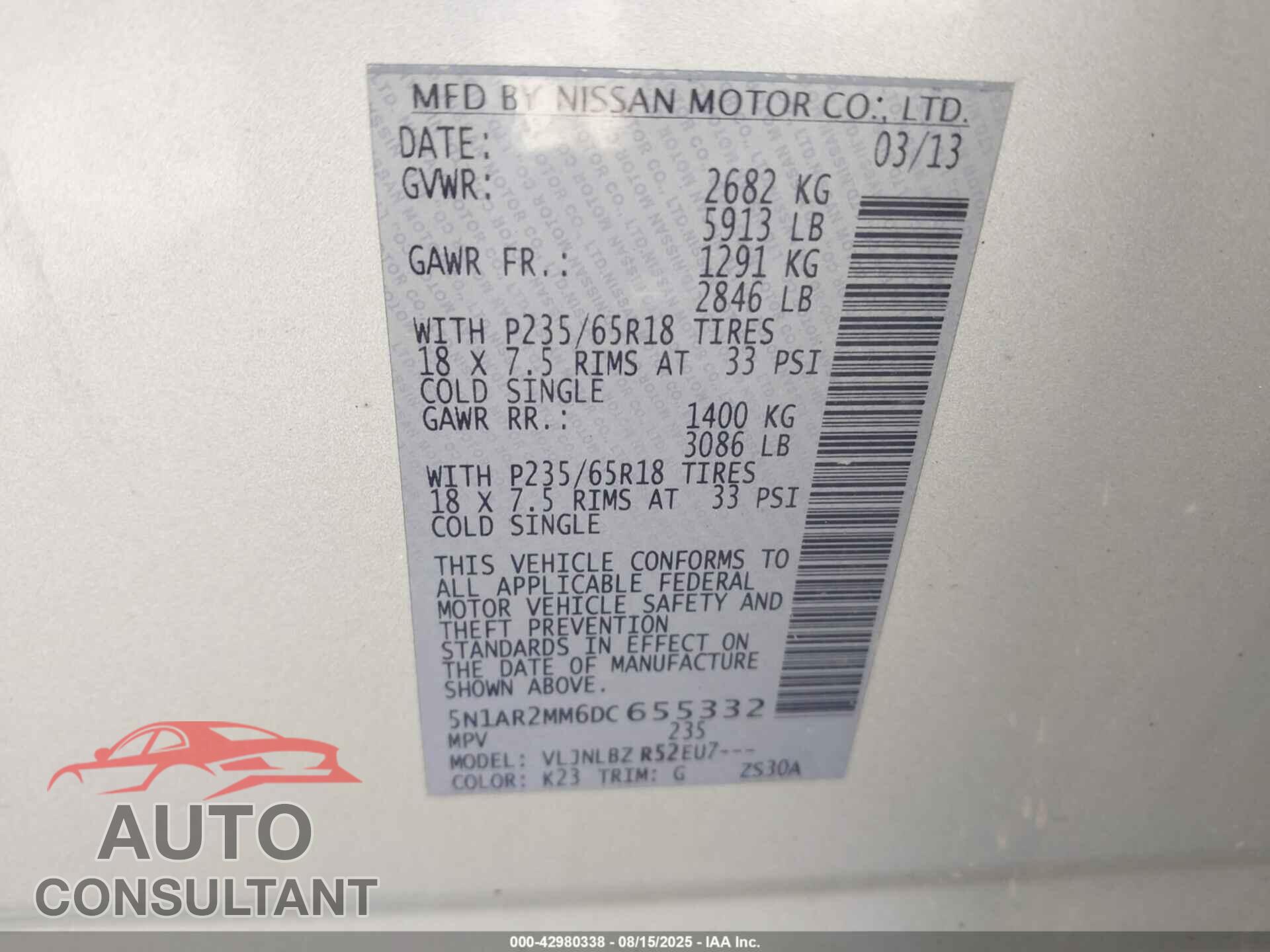 NISSAN PATHFINDER 2013 - 5N1AR2MM6DC655332