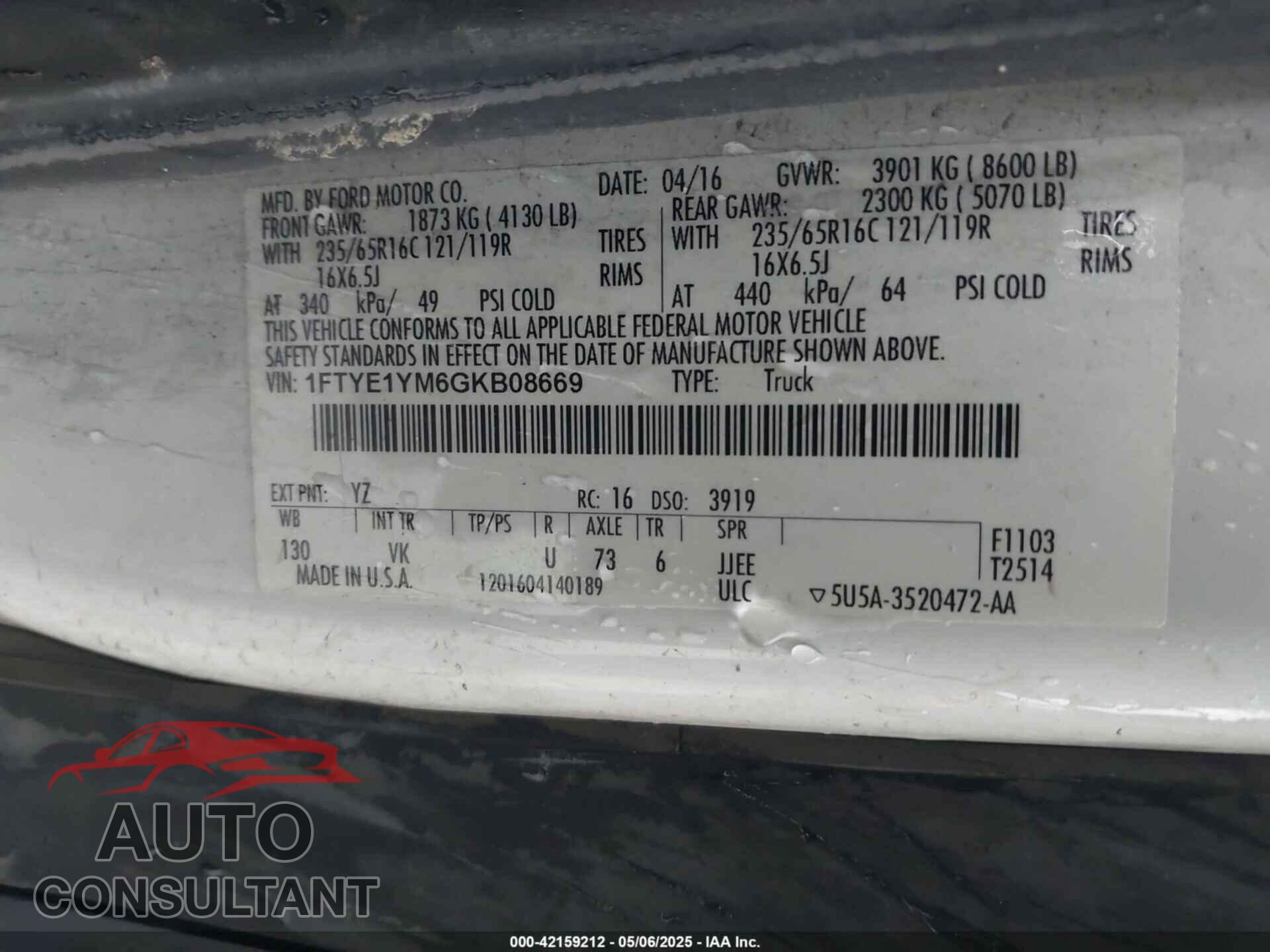 FORD TRANSIT-150 2016 - 1FTYE1YM6GKB08669