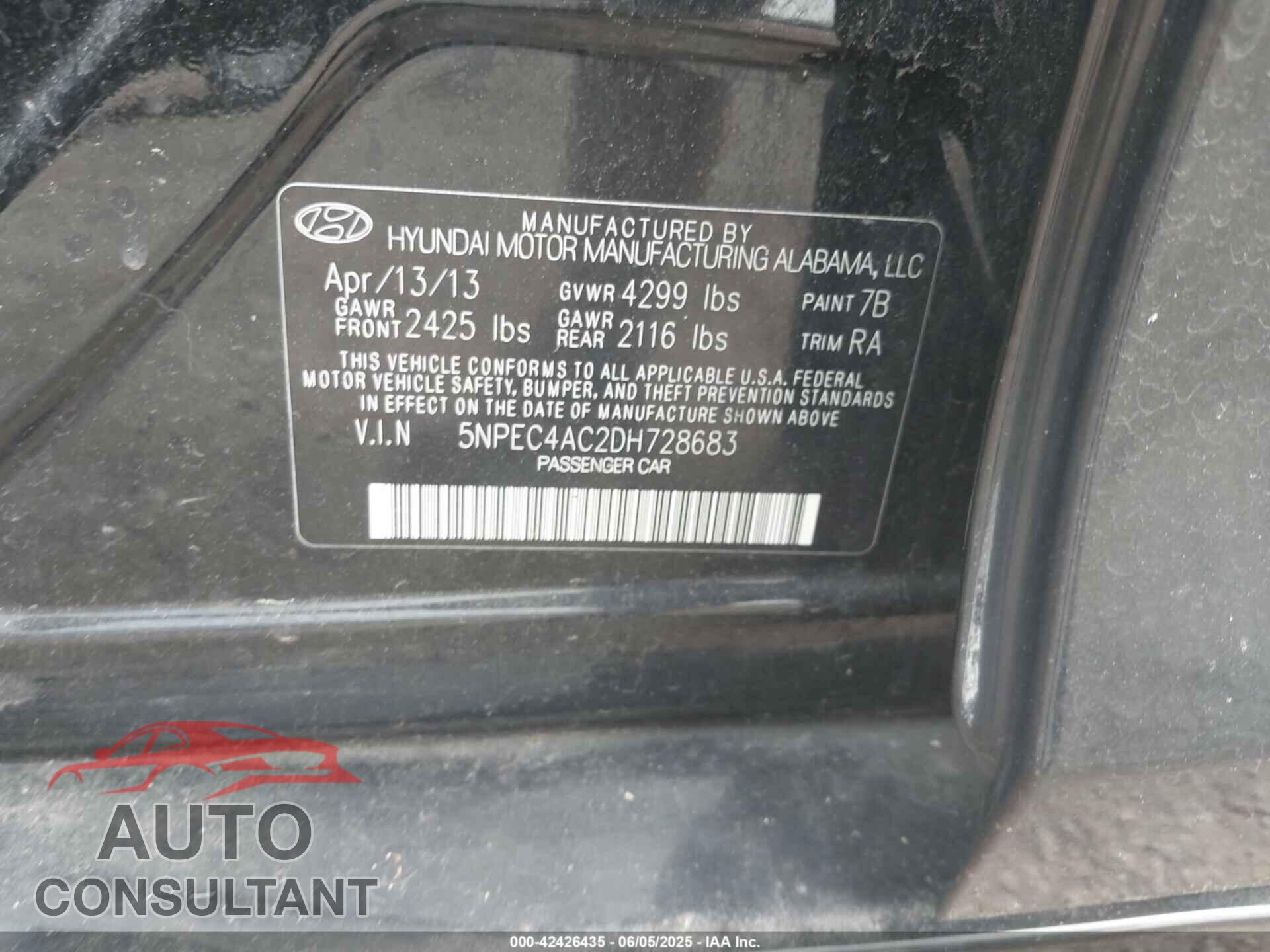 HYUNDAI SONATA 2013 - 5NPEC4AC2DH728683