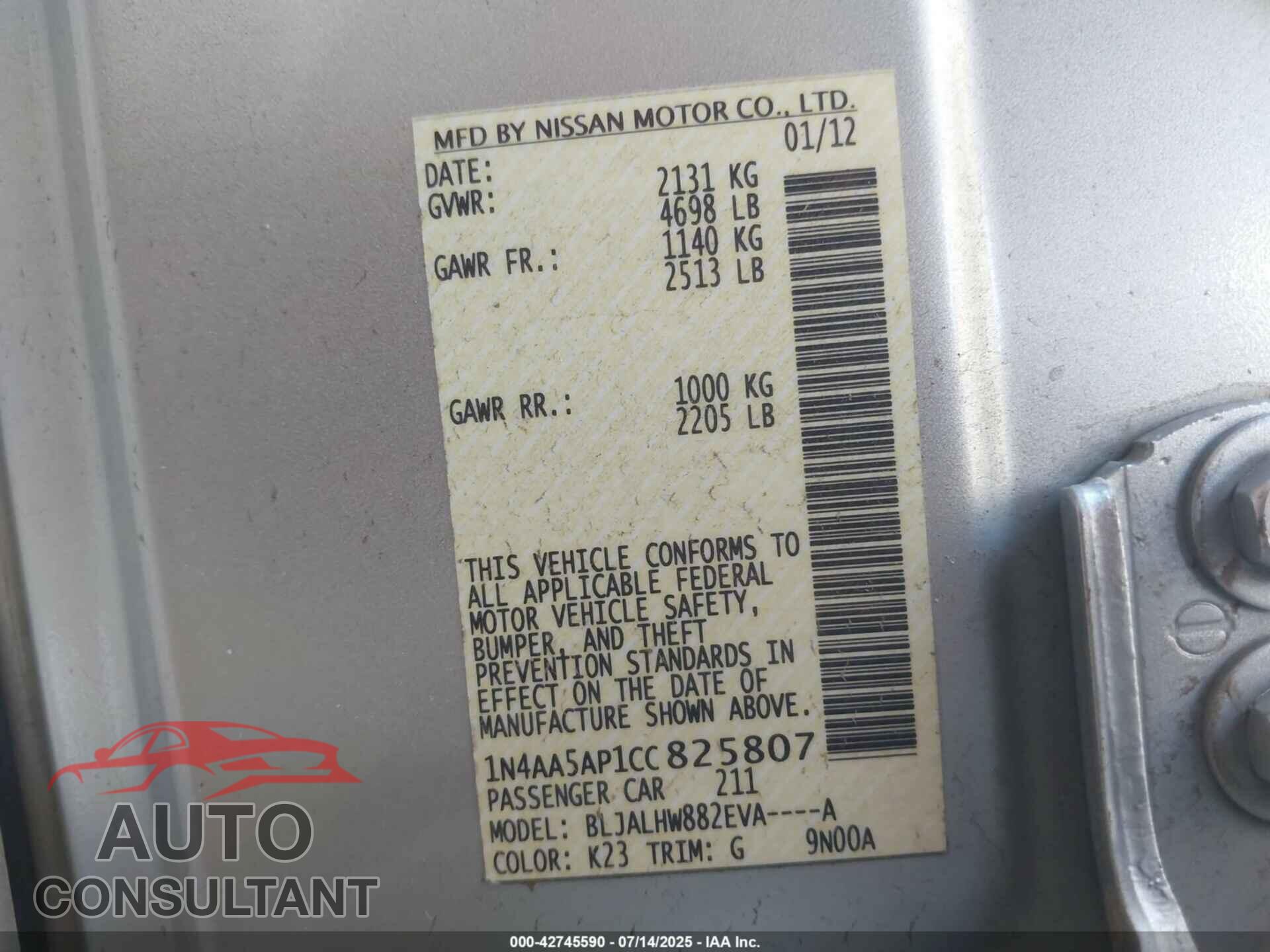 NISSAN MAXIMA 2012 - 1N4AA5AP1CC825807
