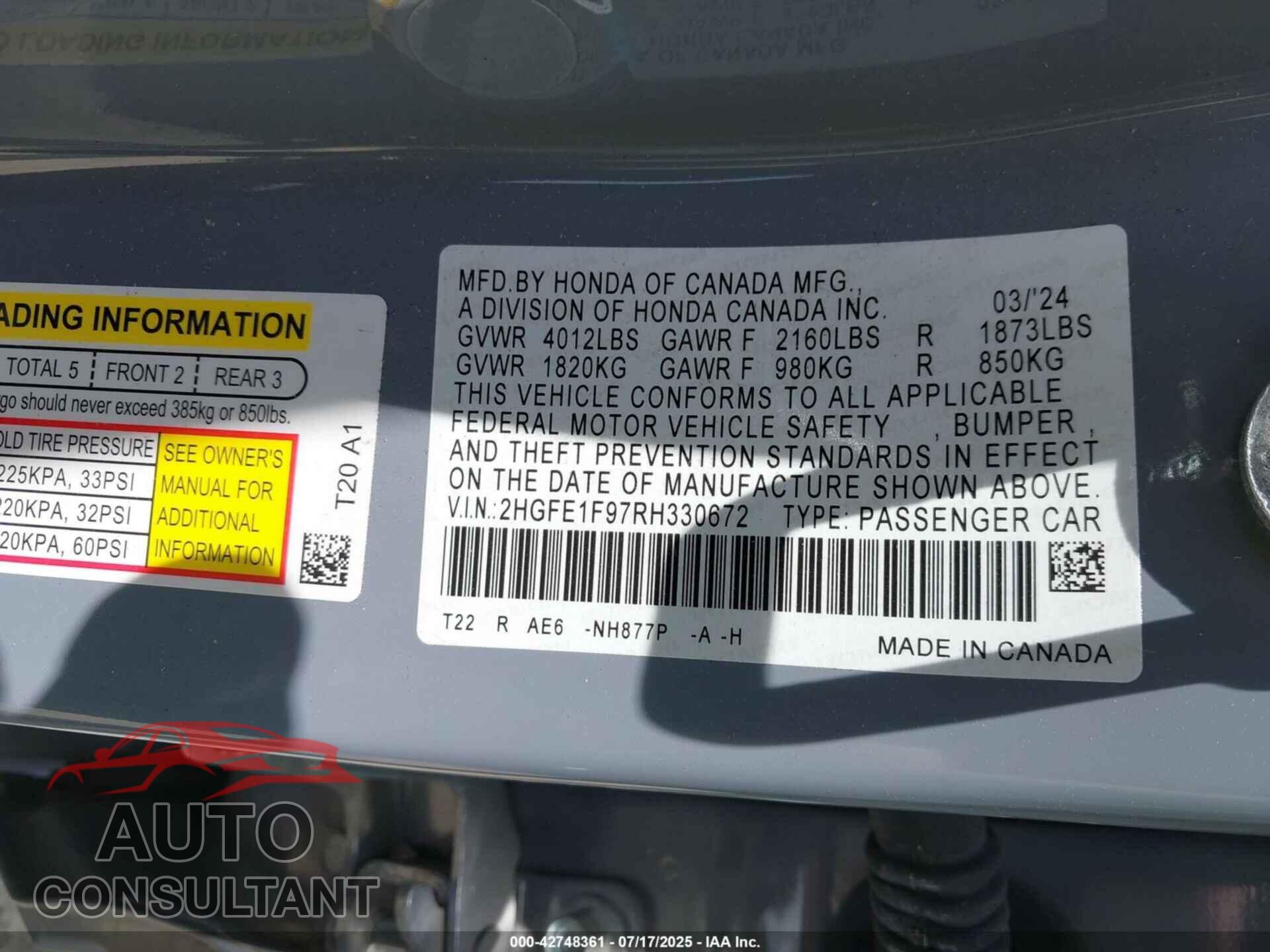 HONDA CIVIC 2024 - 2HGFE1F97RH330672