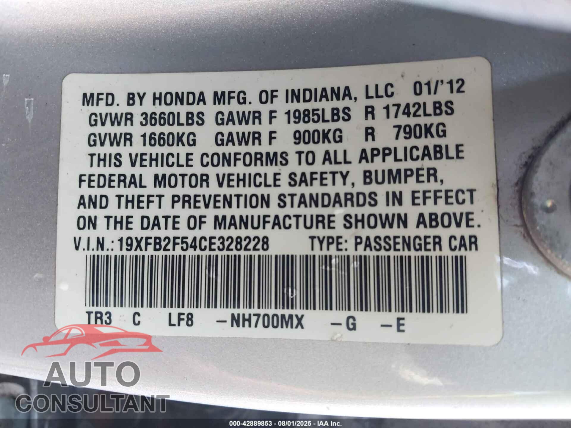 HONDA CIVIC 2012 - 19XFB2F54CE328228