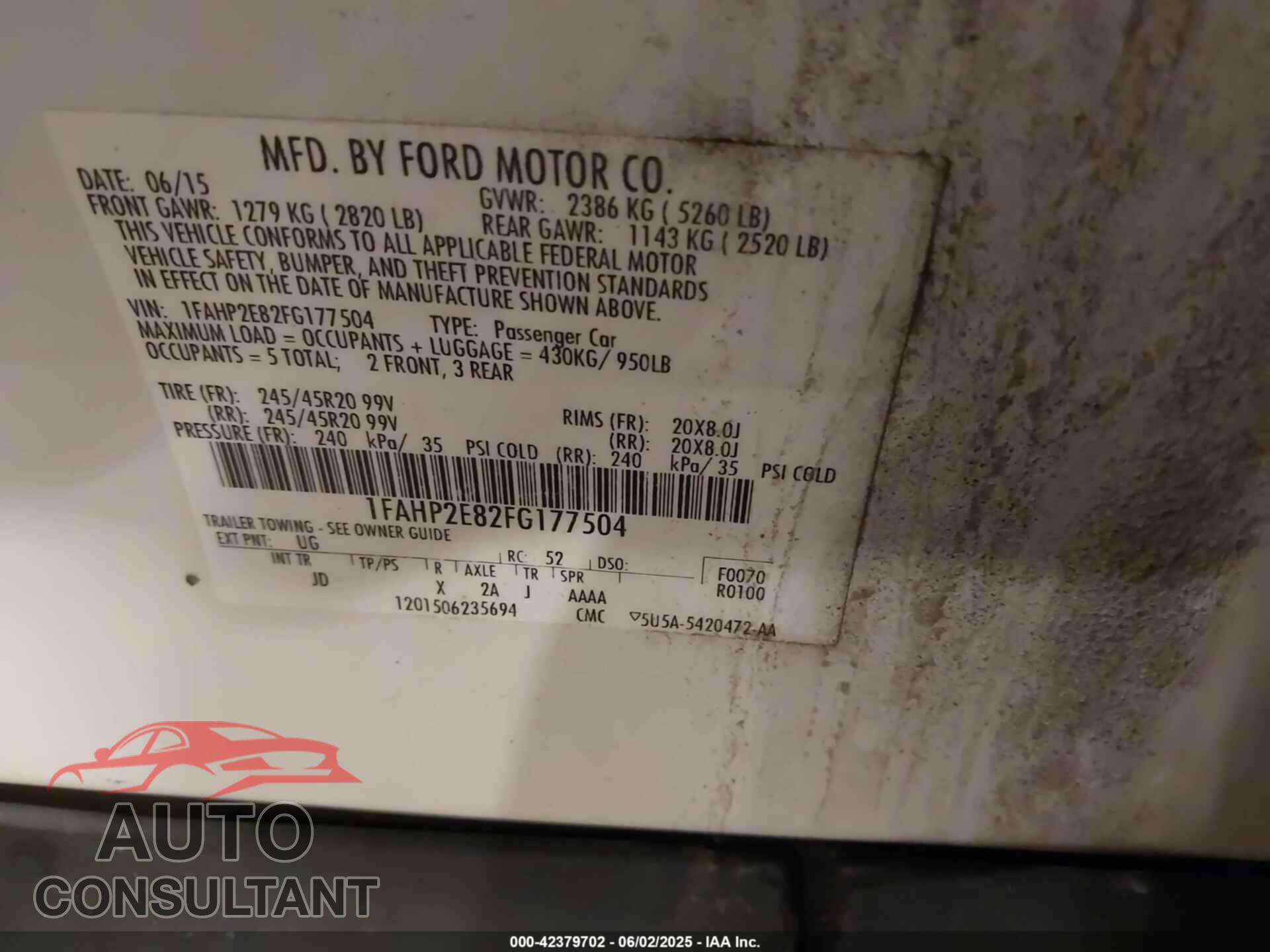 FORD TAURUS 2015 - 1FAHP2E82FG177504
