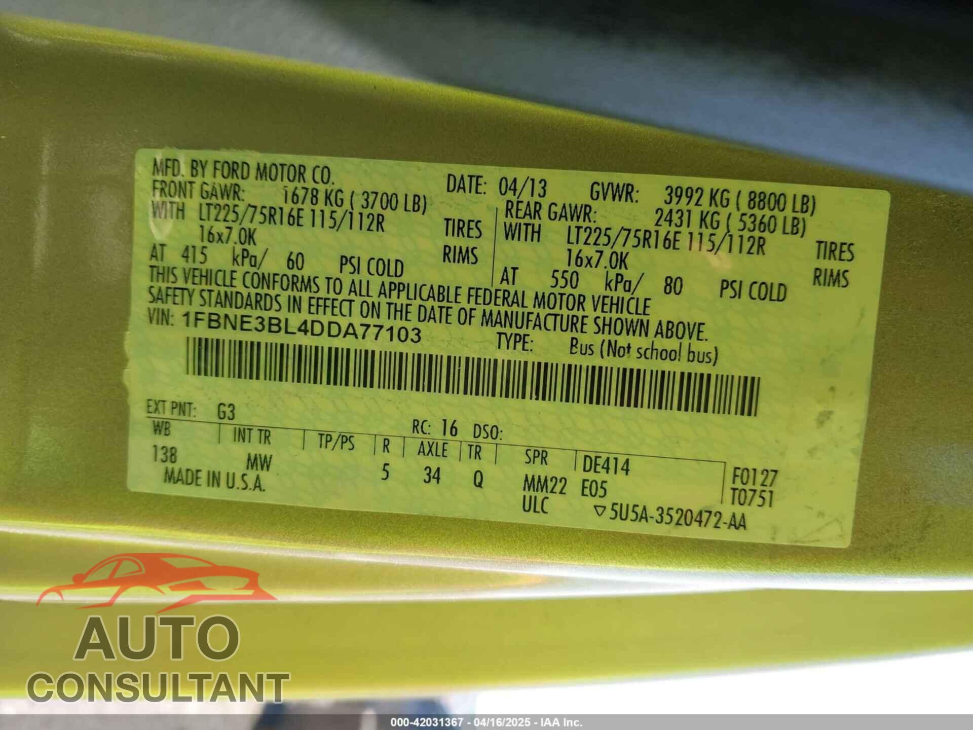 FORD E-350 SUPER DUTY 2013 - 1FBNE3BL4DDA77103