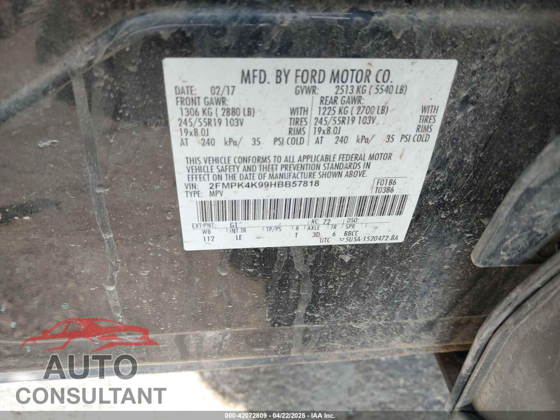 FORD EDGE 2017 - 2FMPK4K99HBB57818