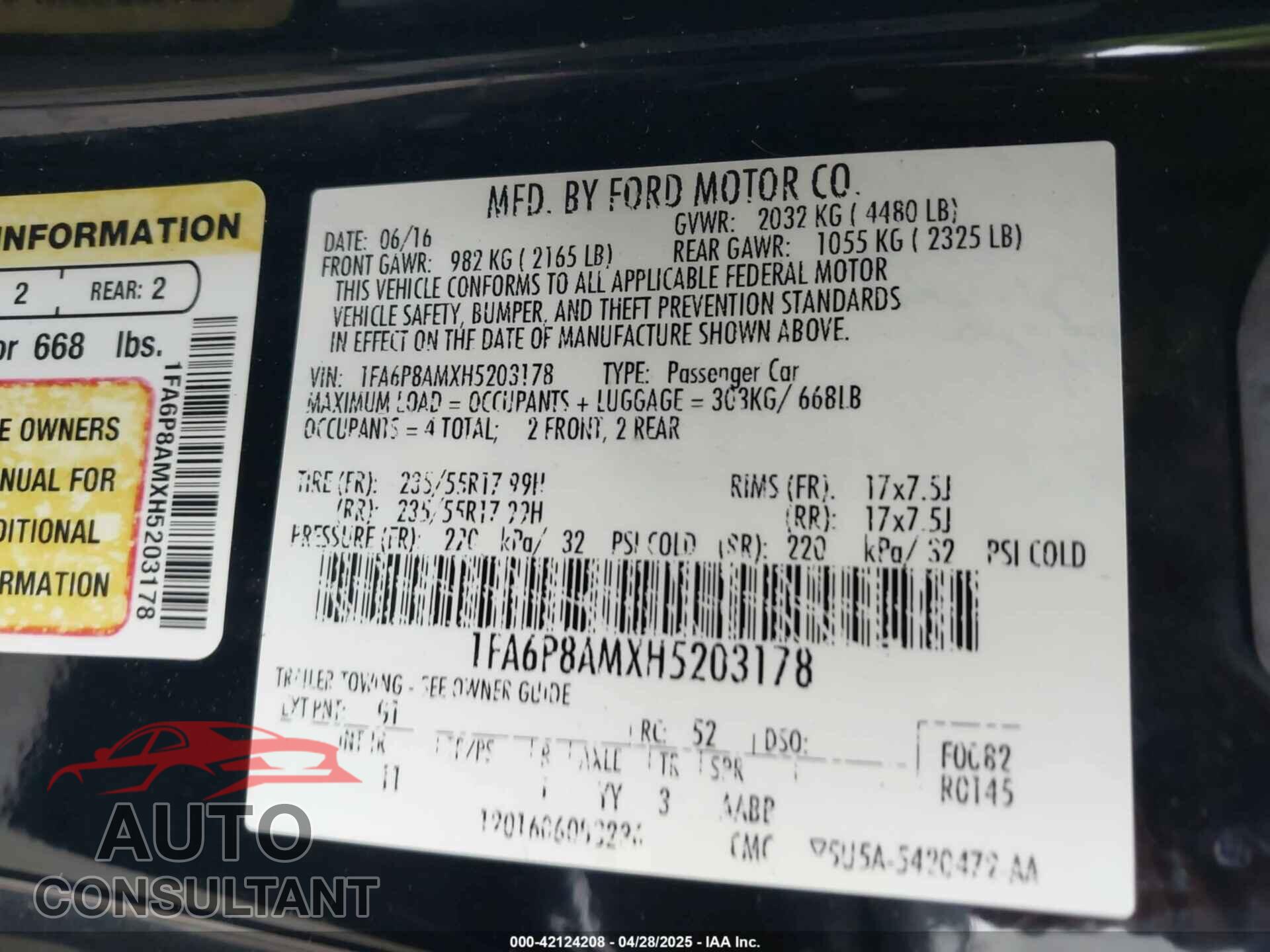 FORD MUSTANG 2017 - 1FA6P8AMXH5203178