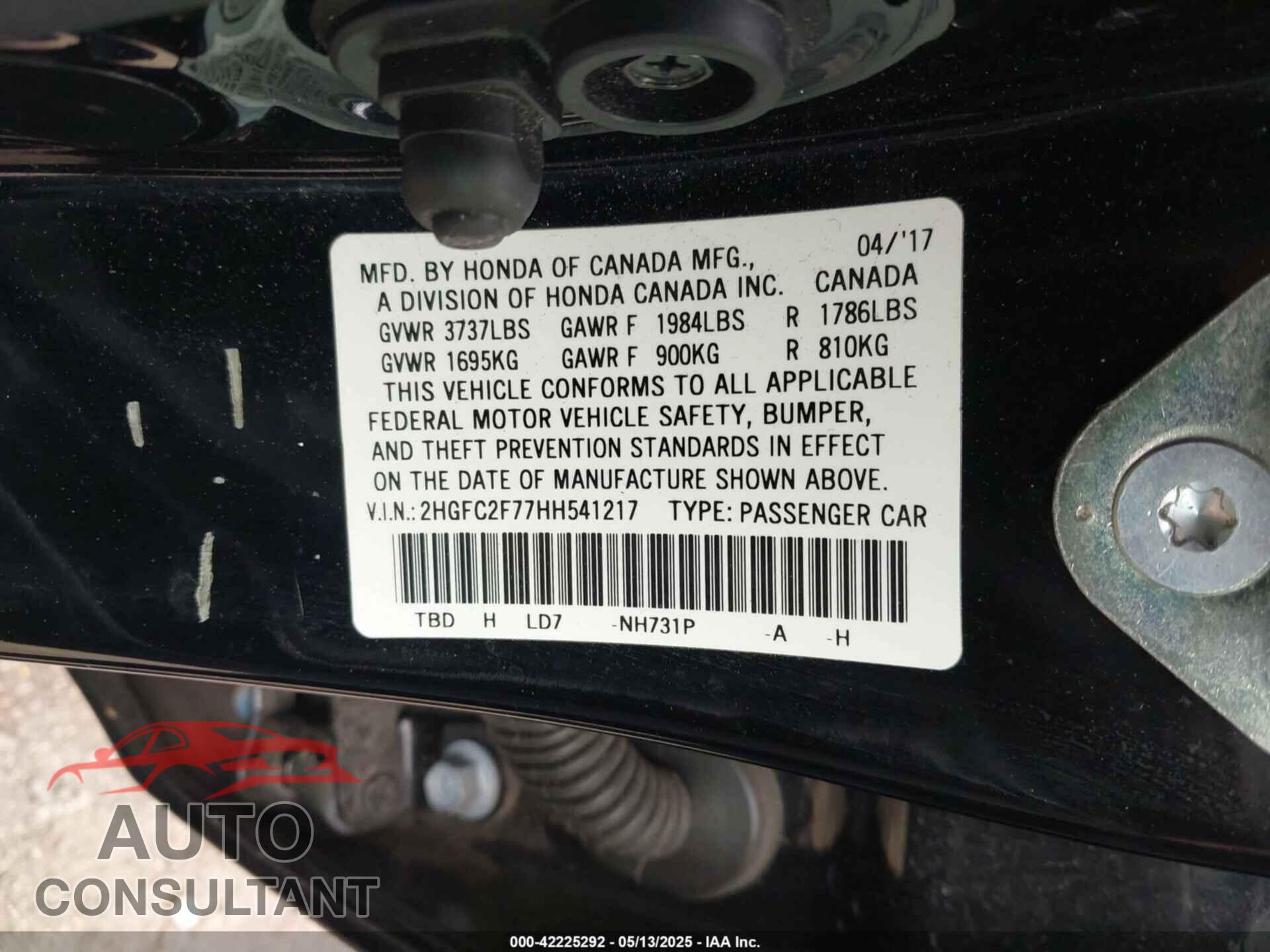 HONDA CIVIC 2017 - 2HGFC2F77HH541217