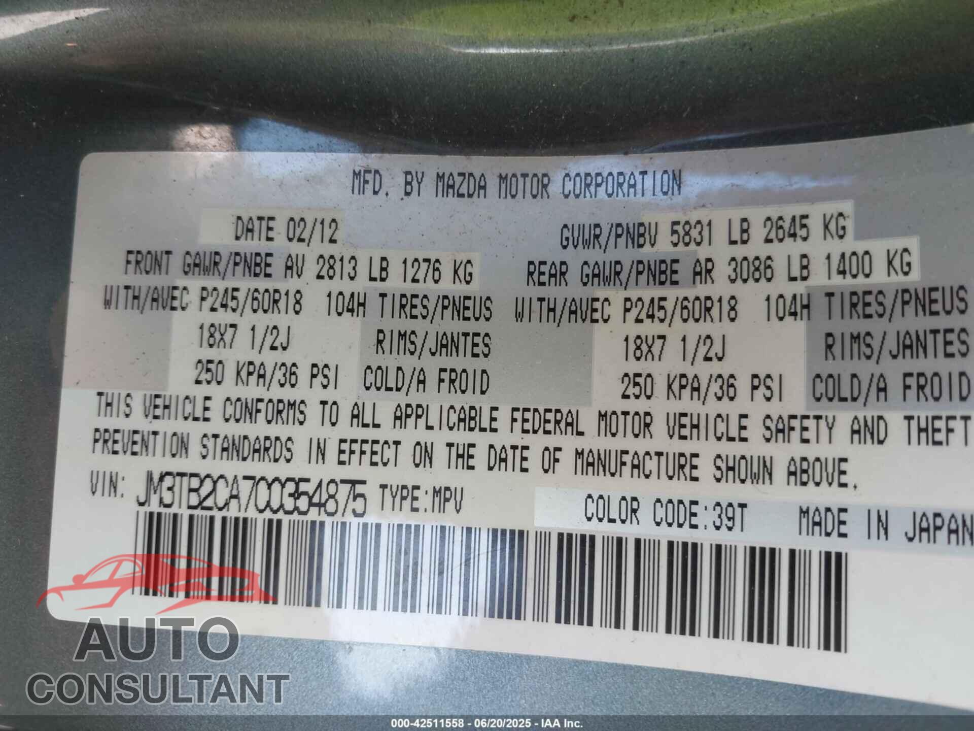 MAZDA CX-9 2012 - JM3TB2CA7C0354875