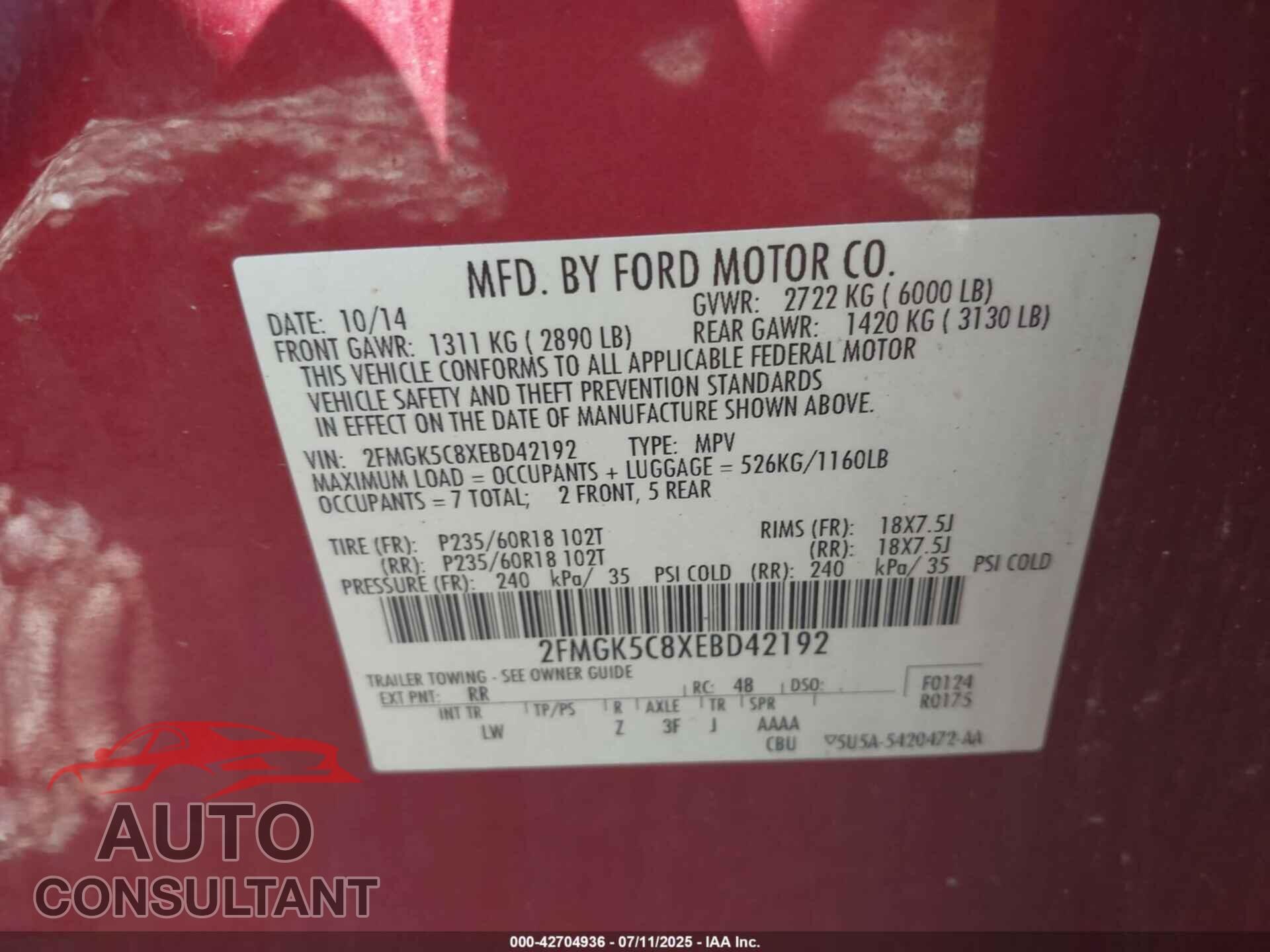 FORD FLEX 2014 - 2FMGK5C8XEBD42192
