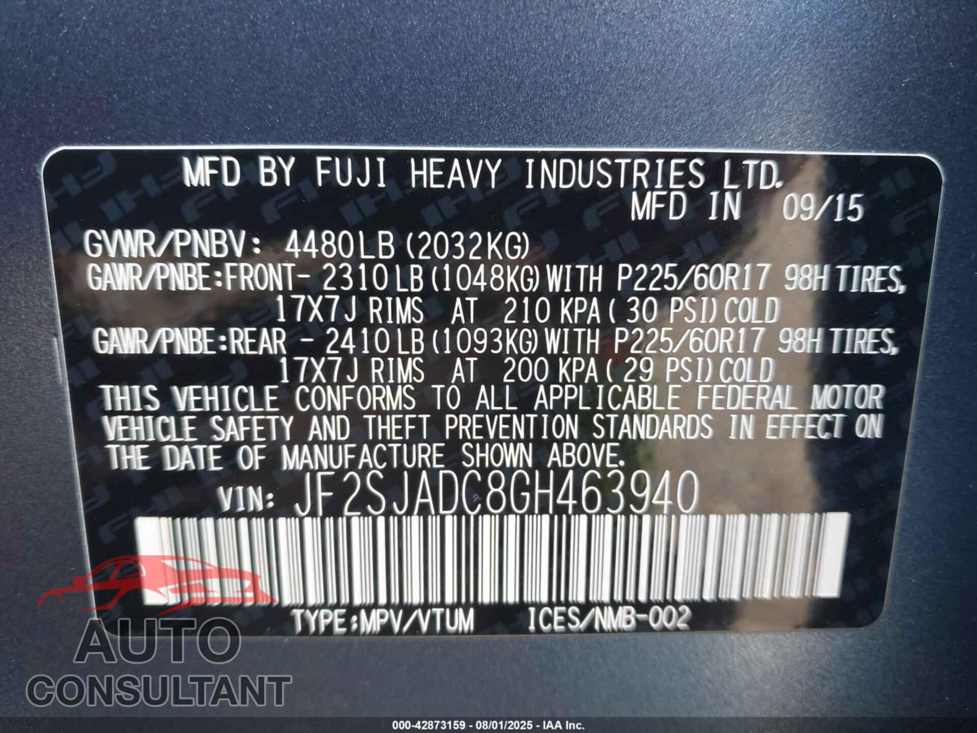 SUBARU FORESTER 2016 - JF2SJADC8GH463940