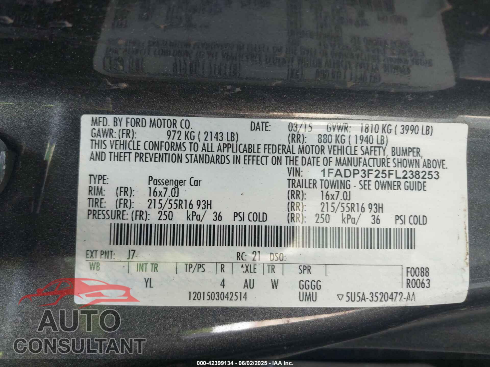 FORD FOCUS 2015 - 1FADP3F25FL238253