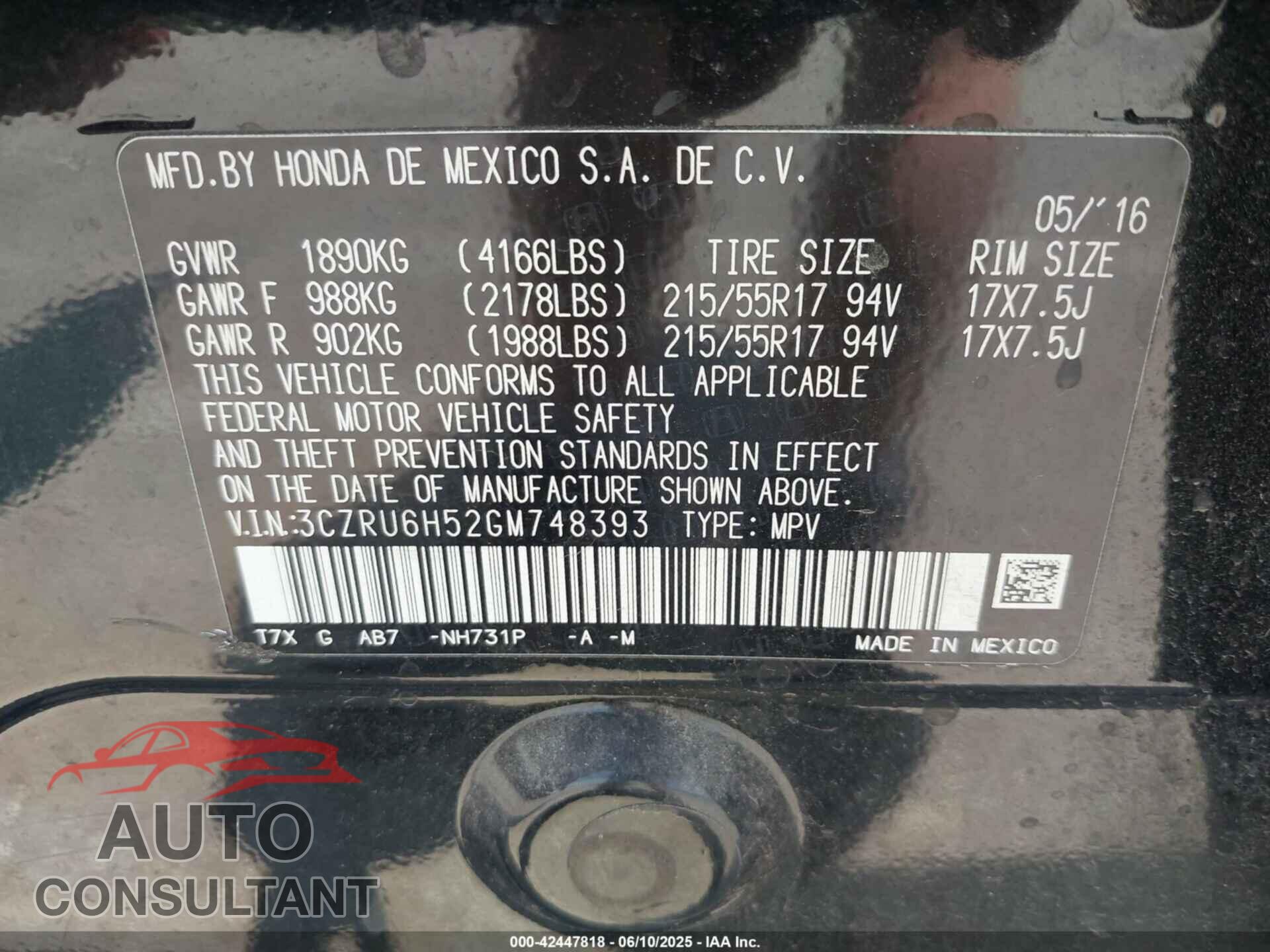 HONDA HR-V 2016 - 3CZRU6H52GM748393