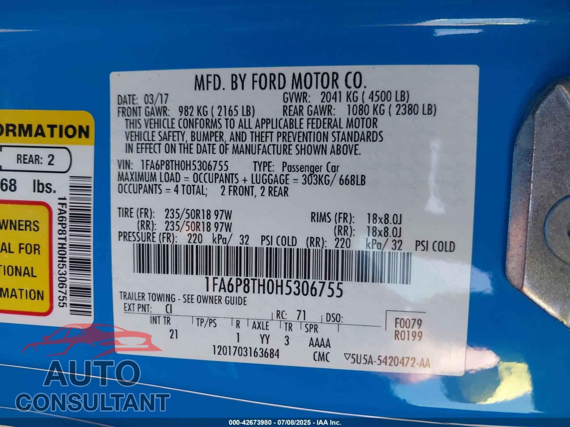 FORD MUSTANG 2017 - 1FA6P8TH0H5306755
