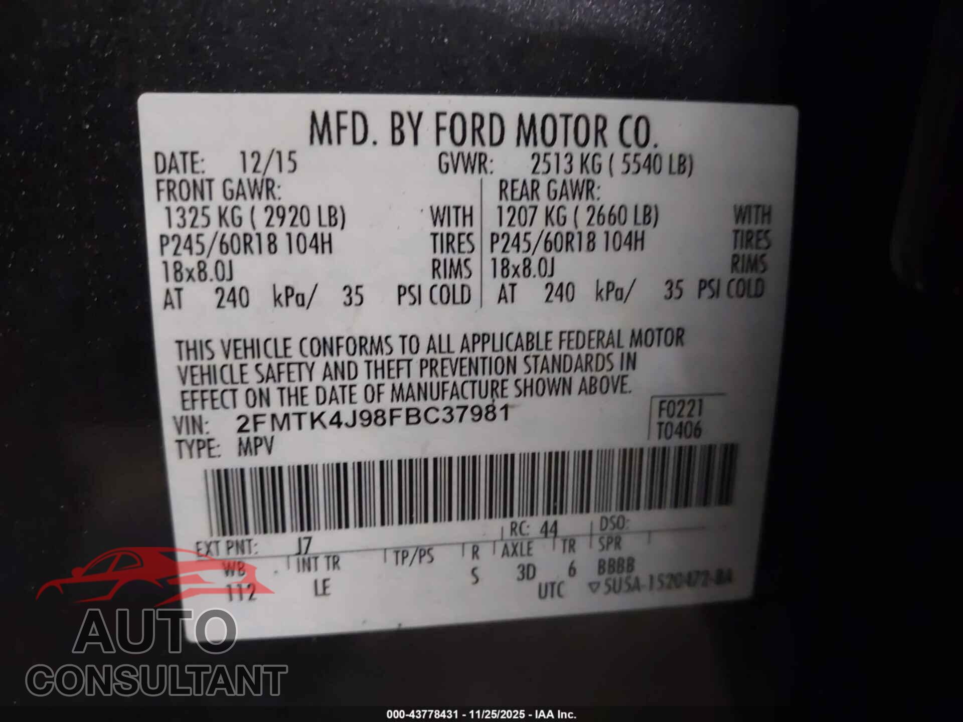 FORD EDGE 2015 - 2FMTK4J98FBC37981