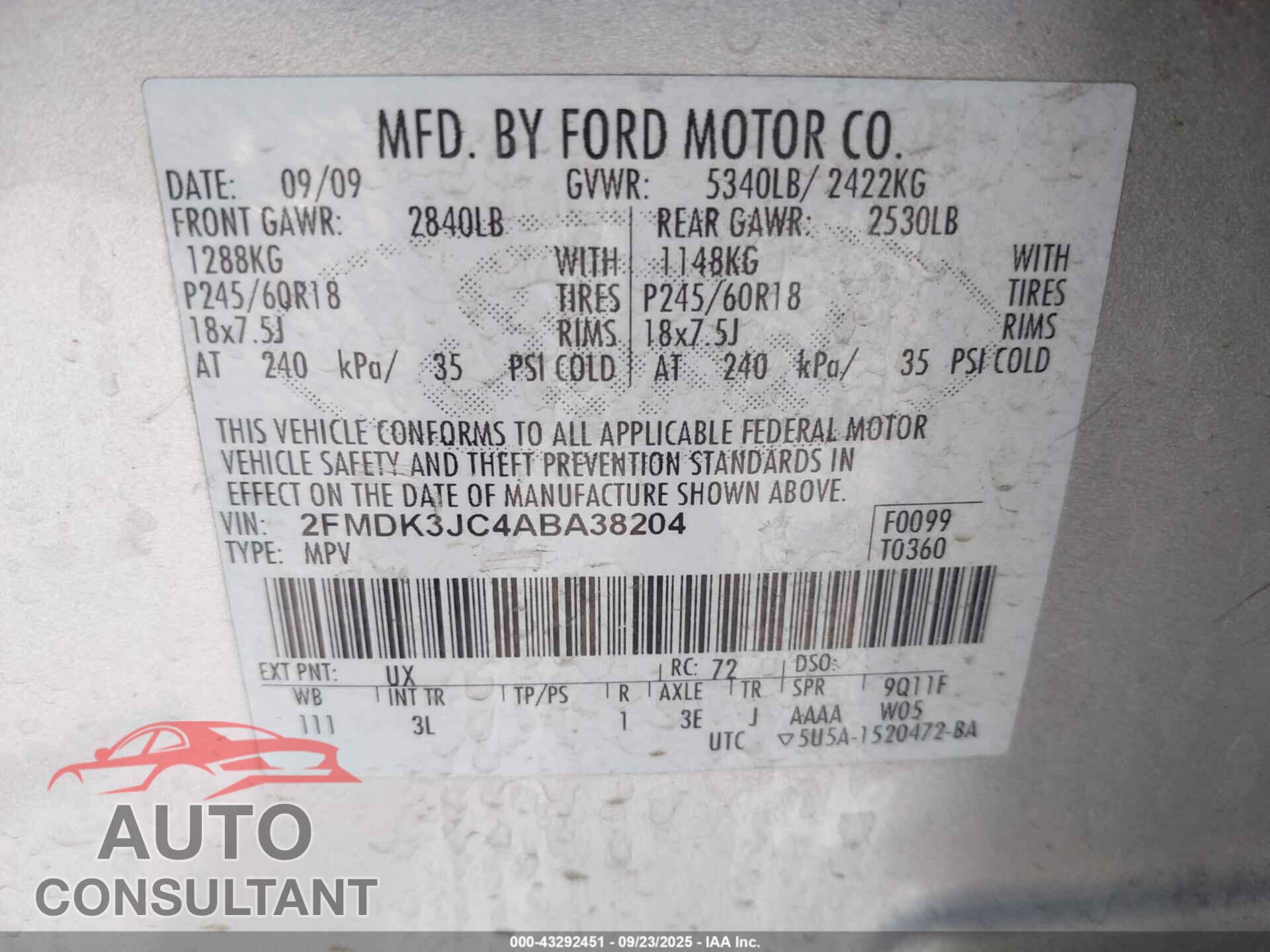 FORD EDGE 2010 - 2FMDK3JC4ABA38204