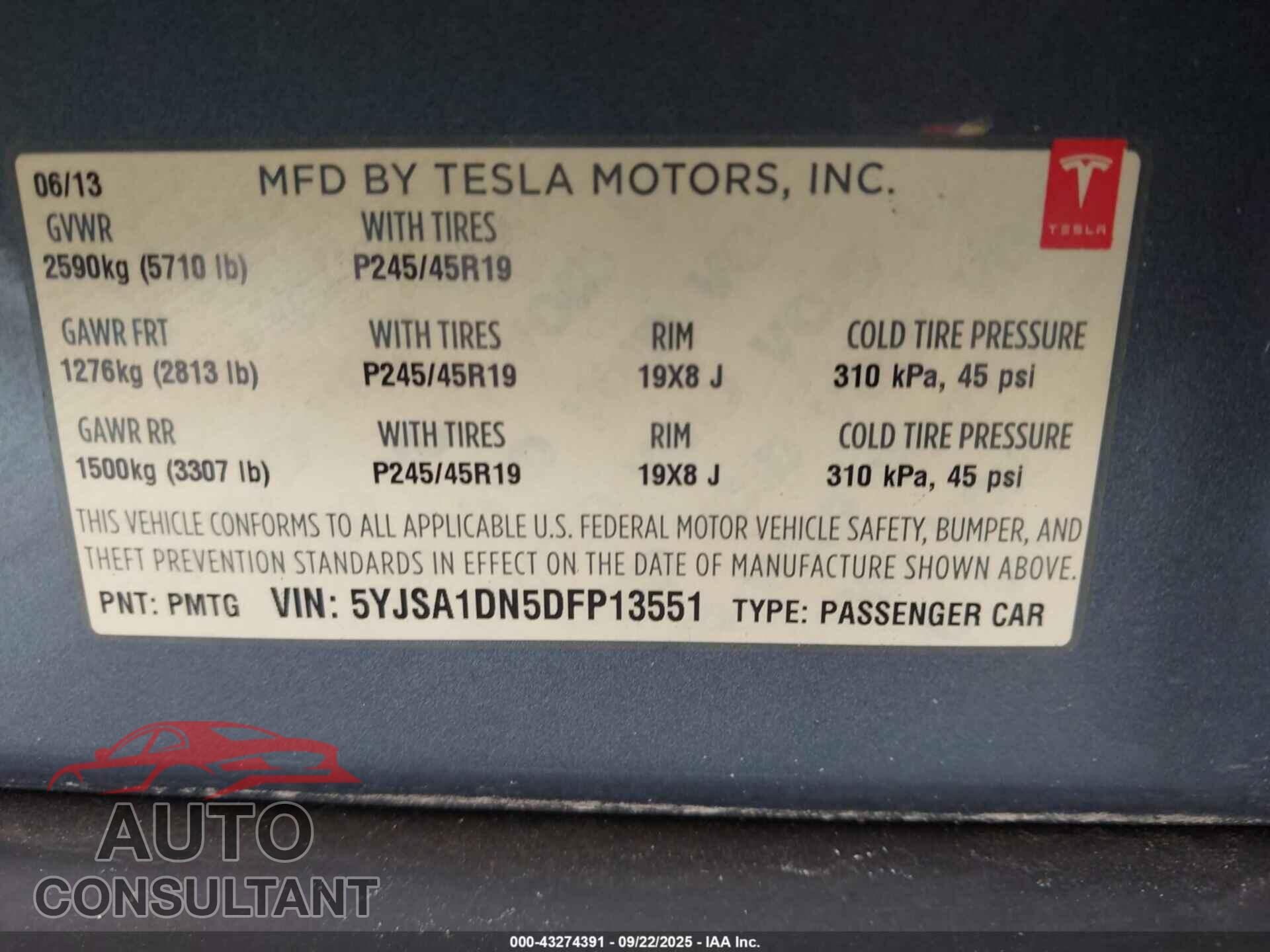 TESLA MODEL S 2013 - 5YJSA1DN5DFP13551
