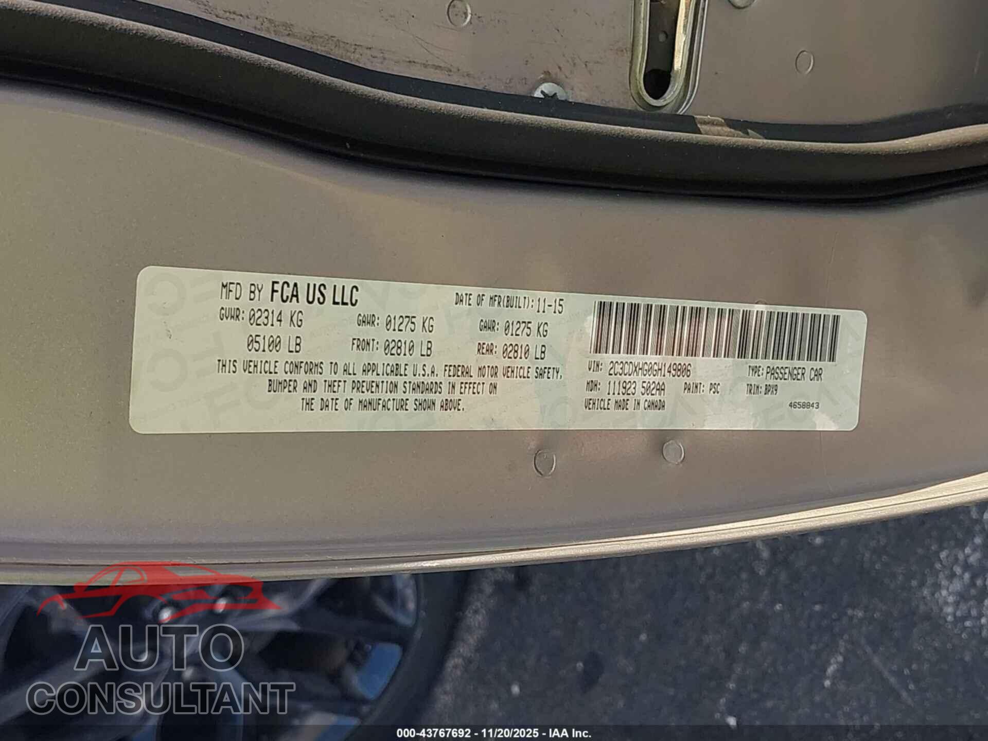 DODGE CHARGER 2016 - 2C3CDXHG0GH149806