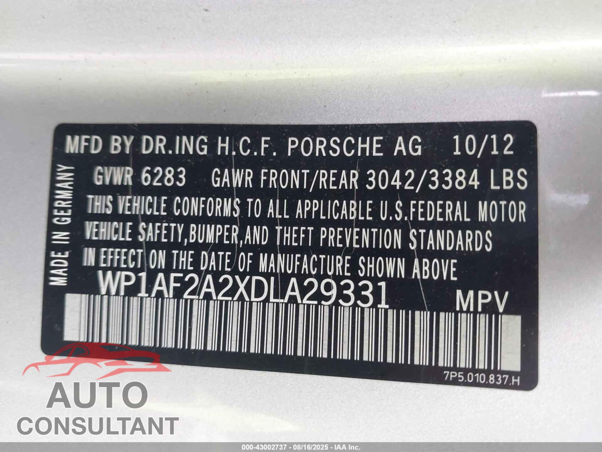 PORSCHE CAYENNE 2013 - WP1AF2A2XDLA29331