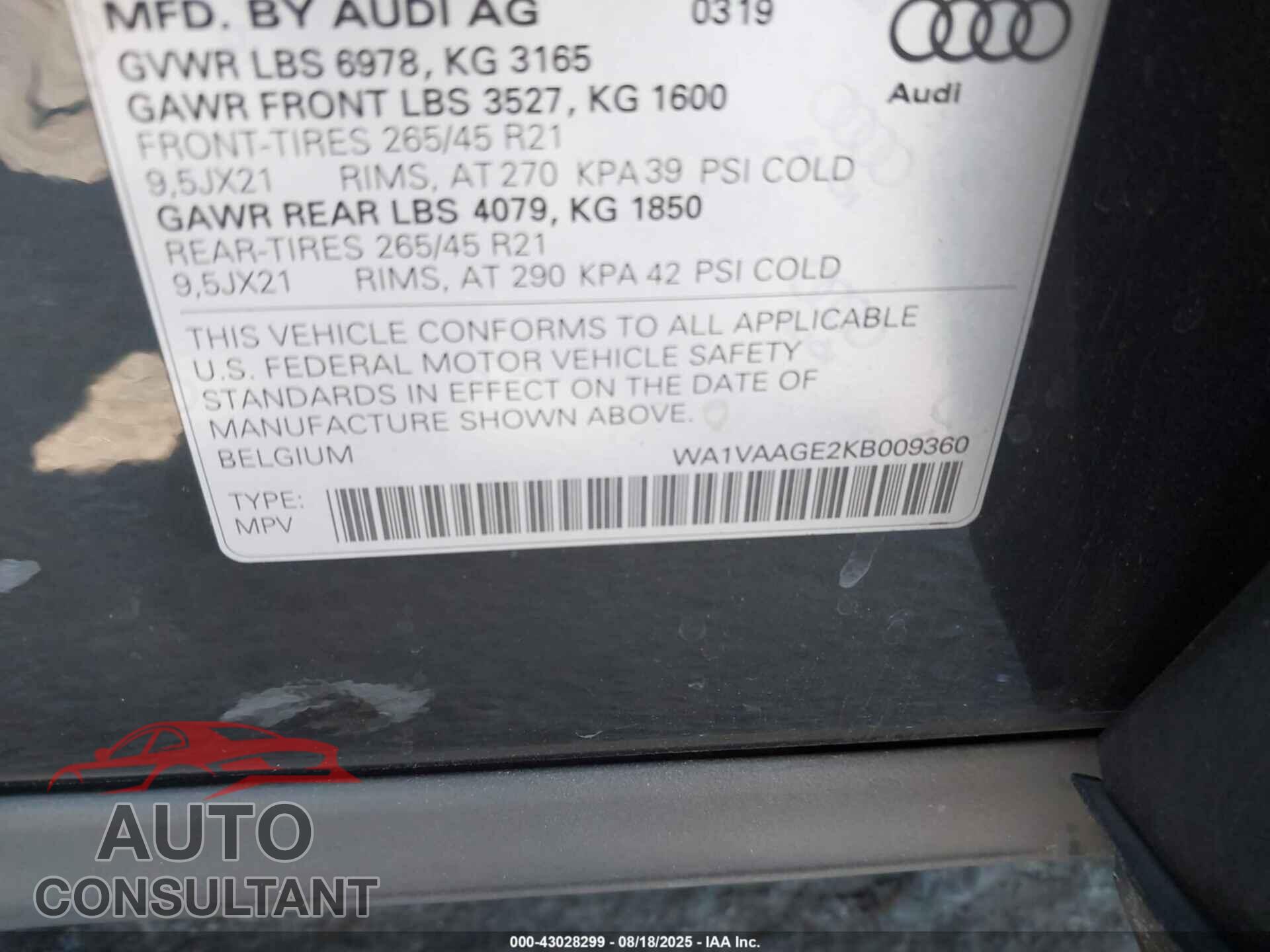 AUDI E-TRON 2019 - WA1VAAGE2KB009360