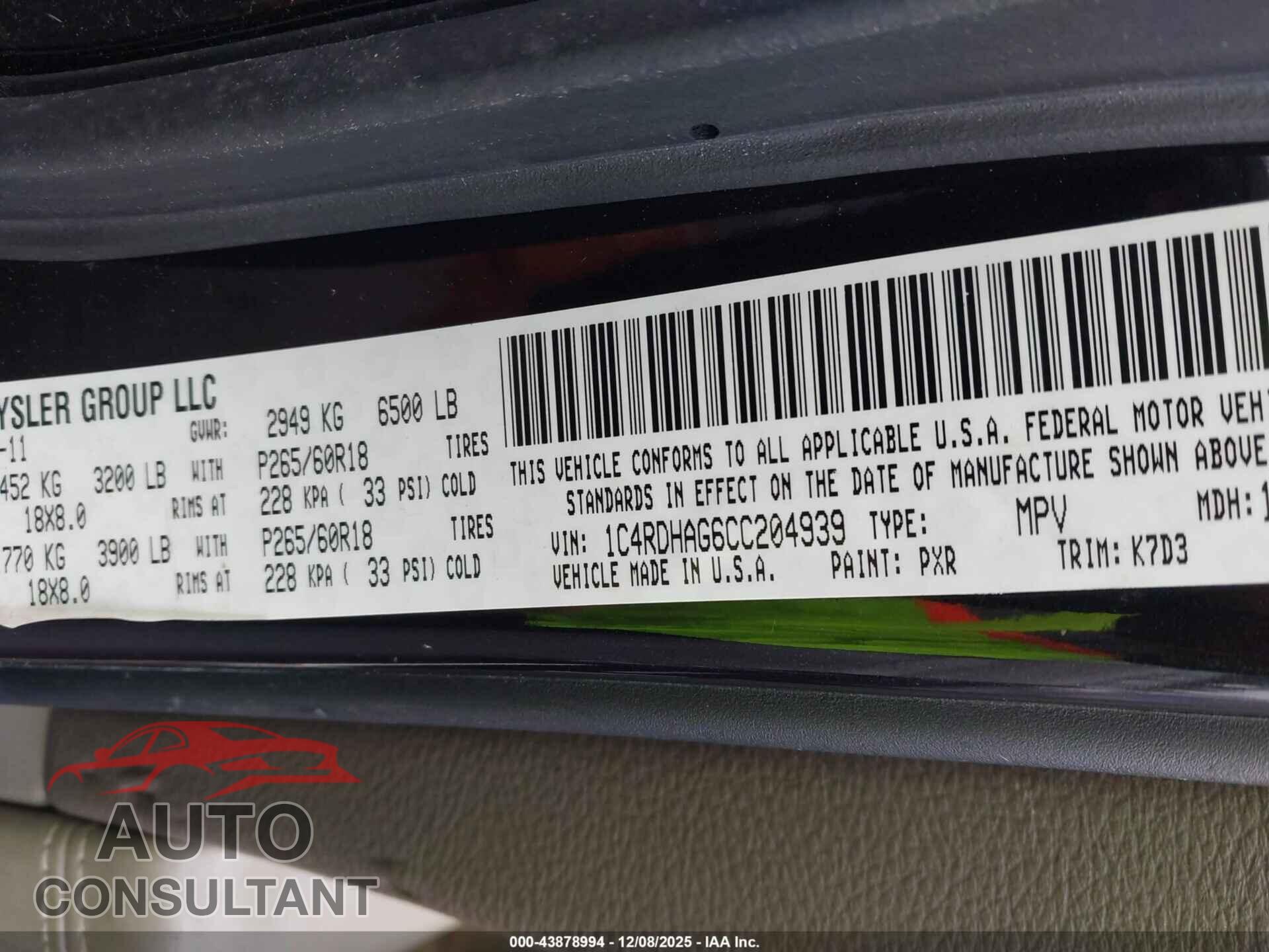 DODGE DURANGO 2012 - 1C4RDHAG6CC204939
