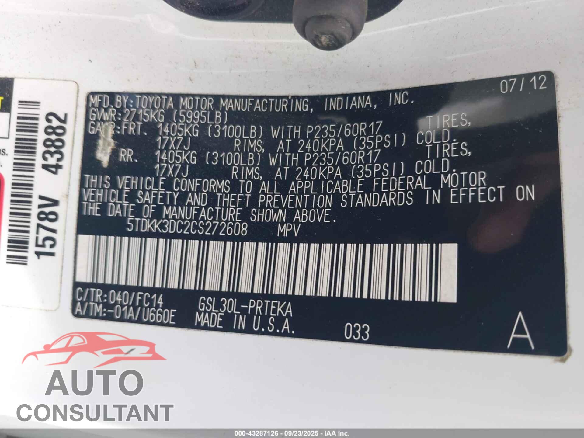 TOYOTA SIENNA 2012 - 5TDKK3DC2CS272608
