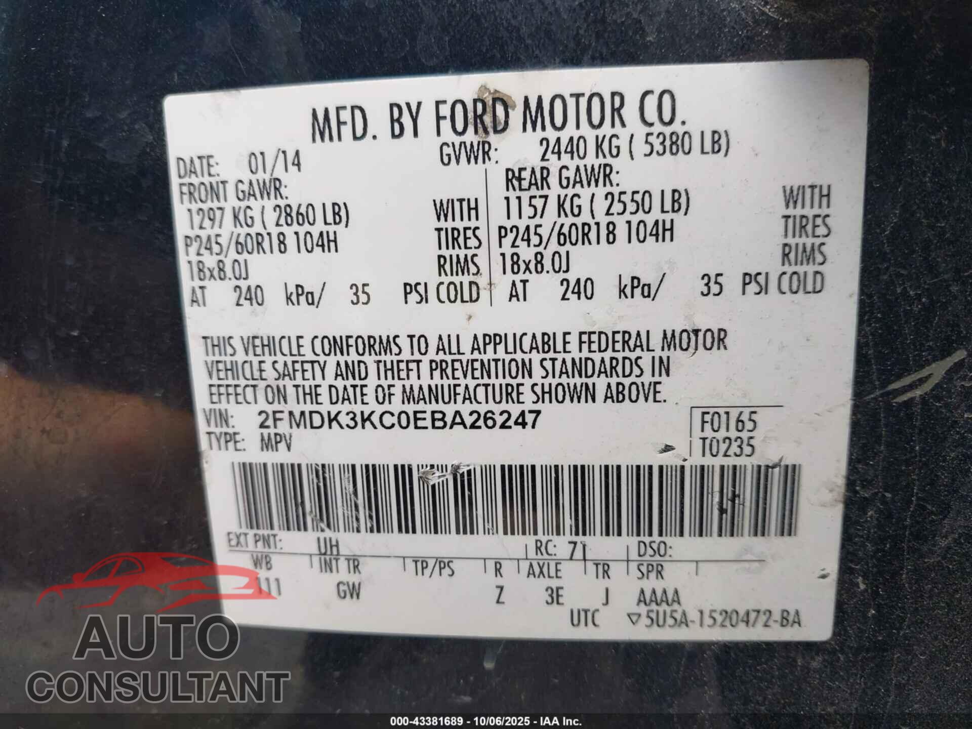 FORD EDGE 2014 - 2FMDK3KC0EBA26247