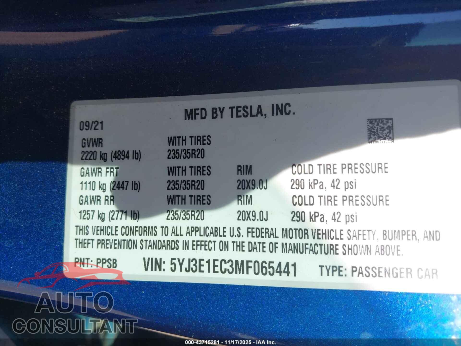 TESLA MODEL 3 2021 - 5YJ3E1EC3MF065441