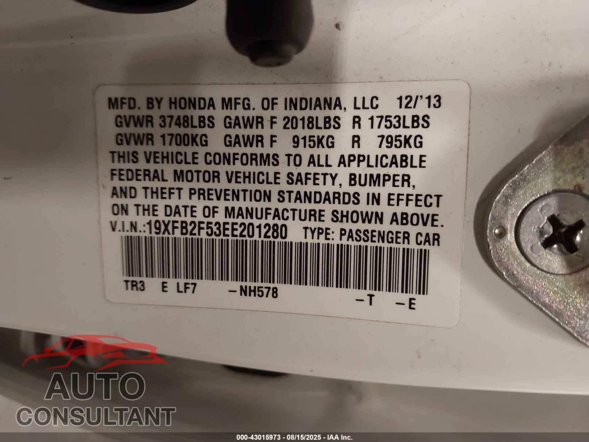 HONDA CIVIC 2014 - 19XFB2F53EE201280