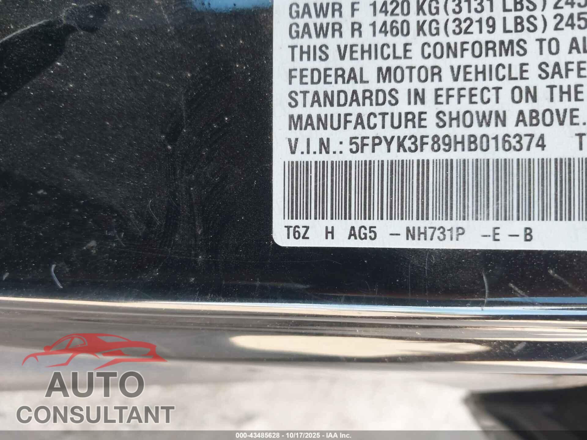 HONDA RIDGELINE 2017 - 5FPYK3F89HB016374