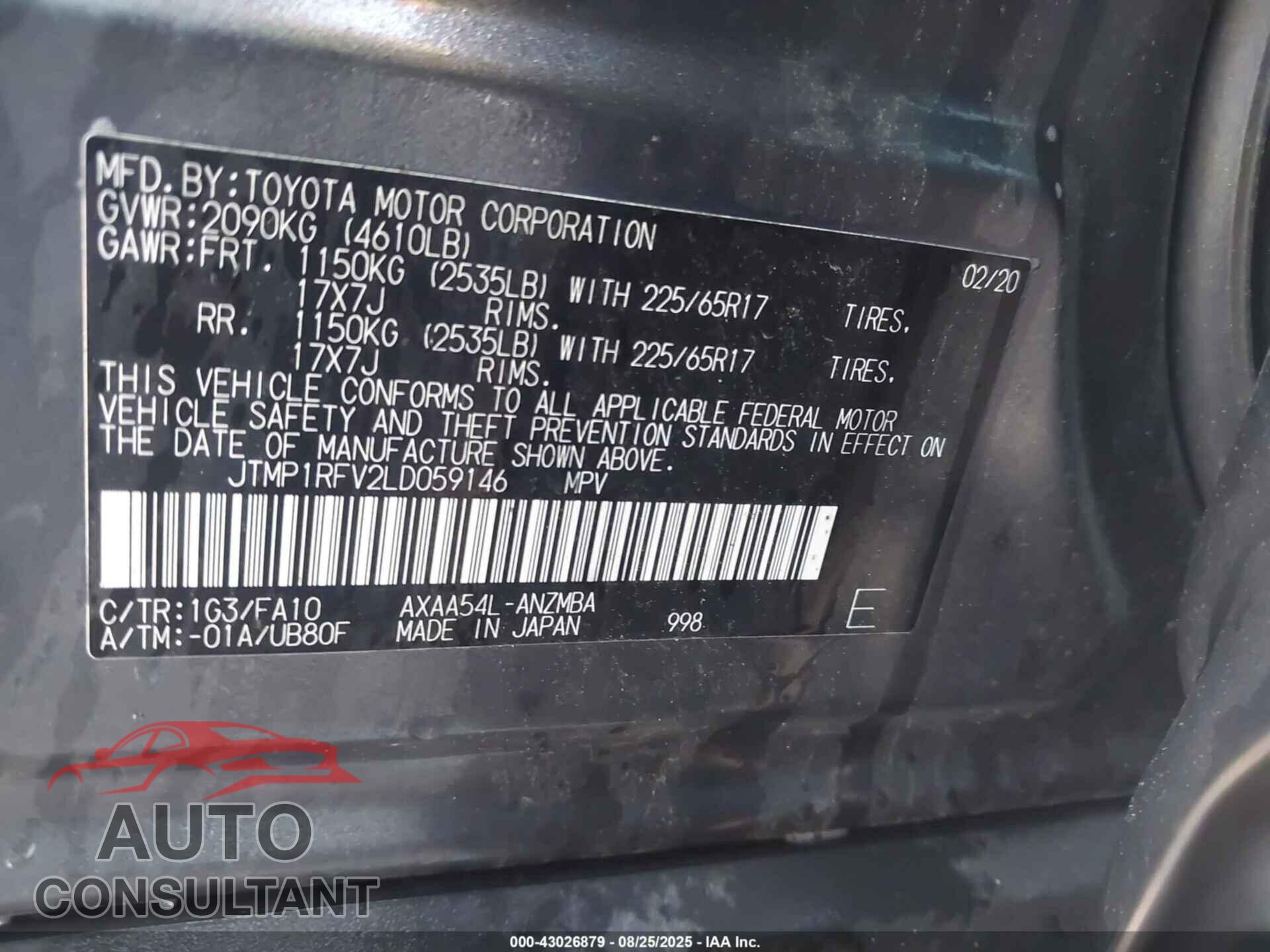 TOYOTA RAV4 2020 - JTMP1RFV2LD059146