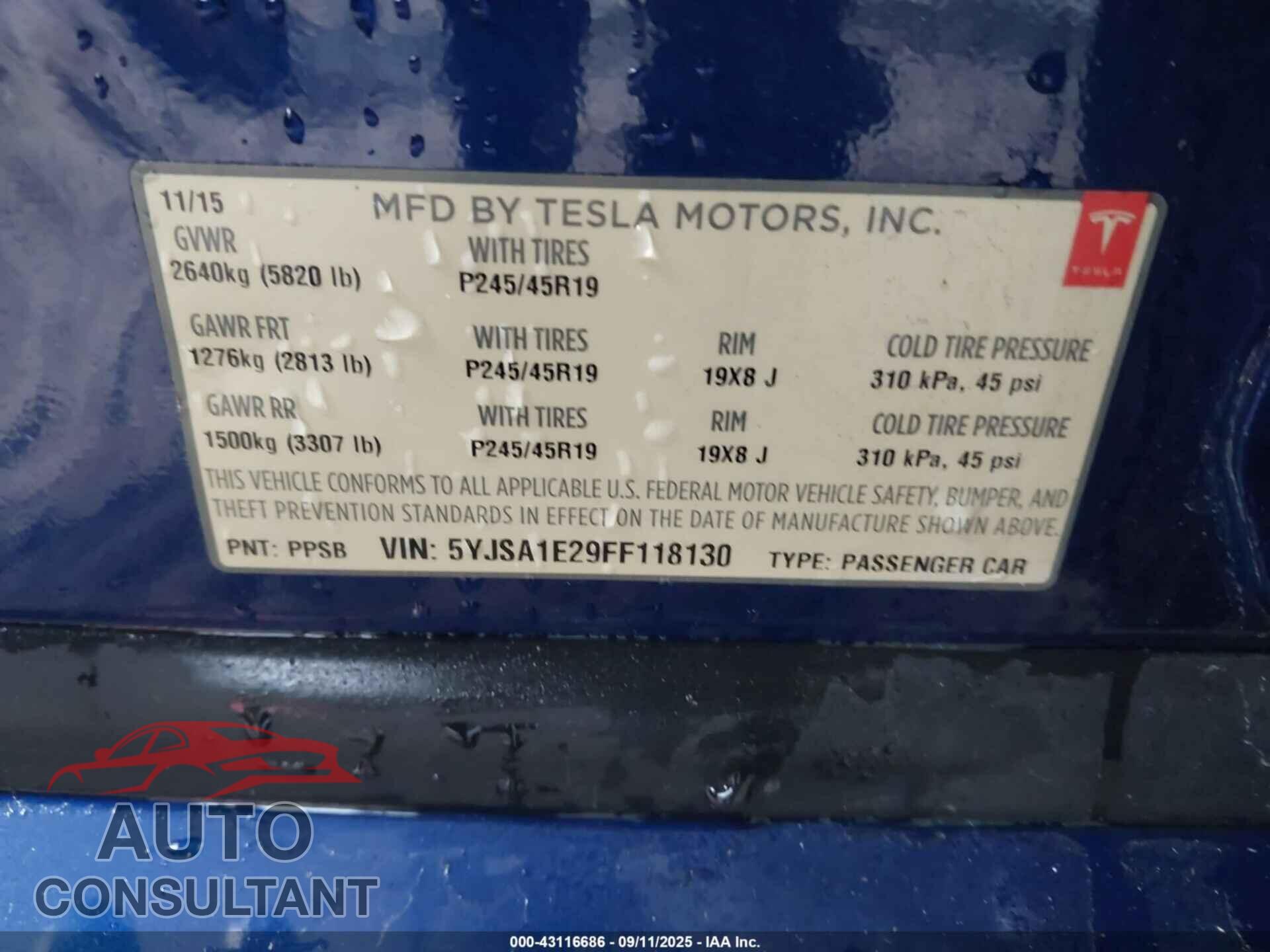 TESLA MODEL S 2015 - 5YJSA1E29FF118130