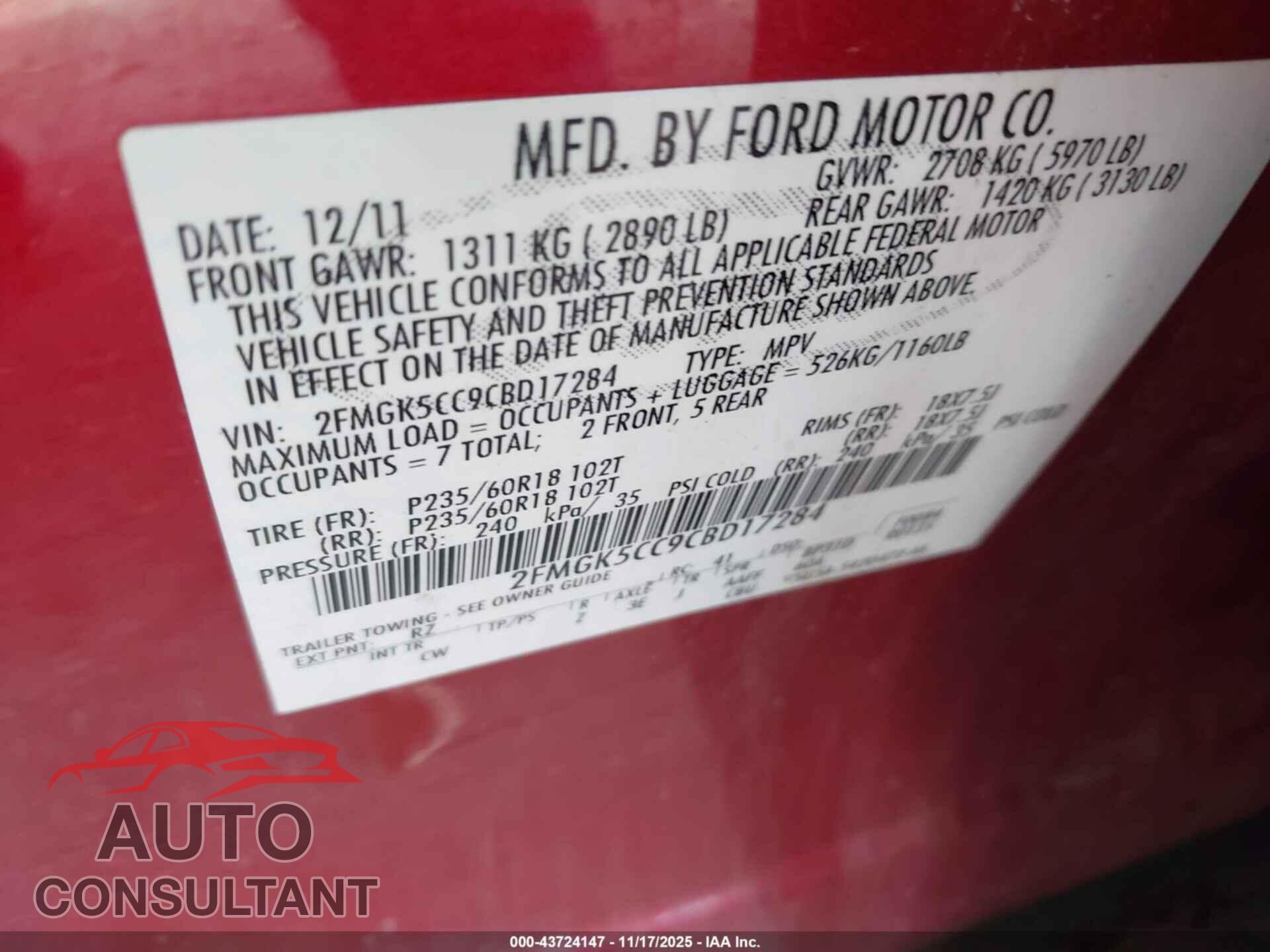 FORD FLEX 2012 - 2FMGK5CC9CBD17284