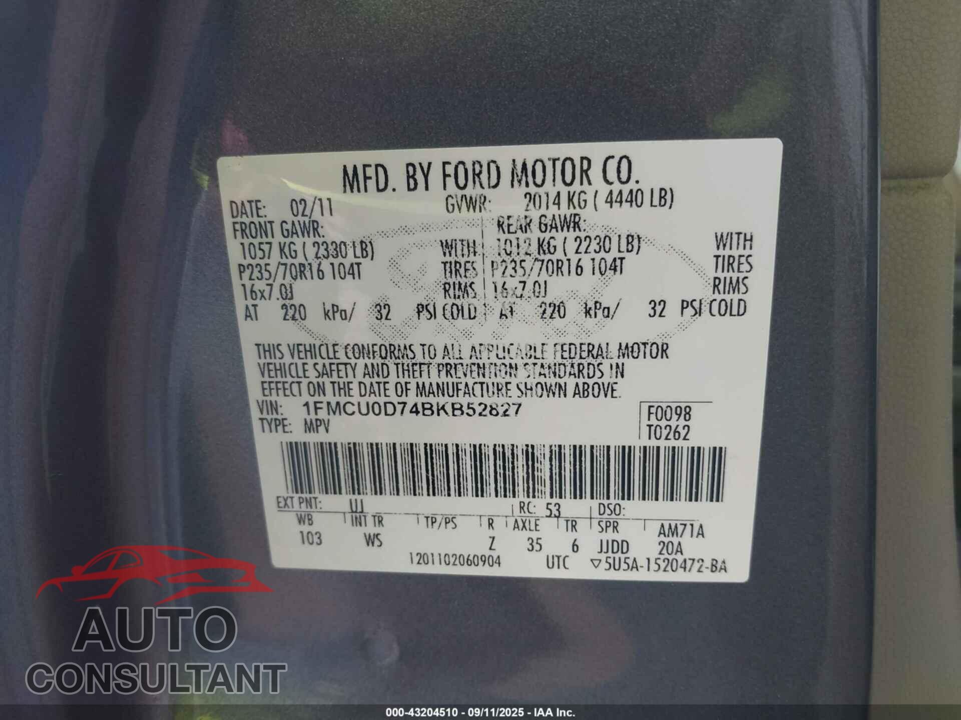 FORD ESCAPE 2011 - 1FMCU0D74BKB52827