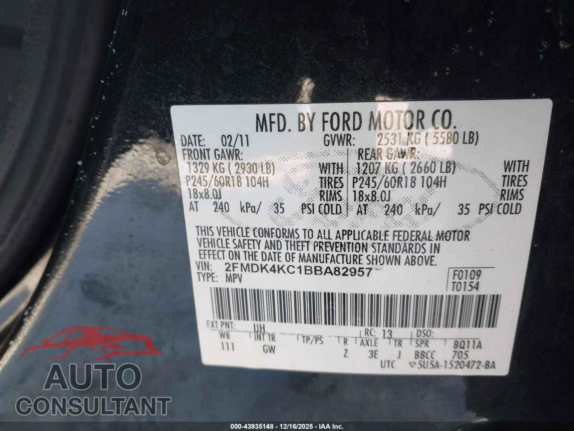 FORD EDGE 2011 - 2FMDK4KC1BBA82957