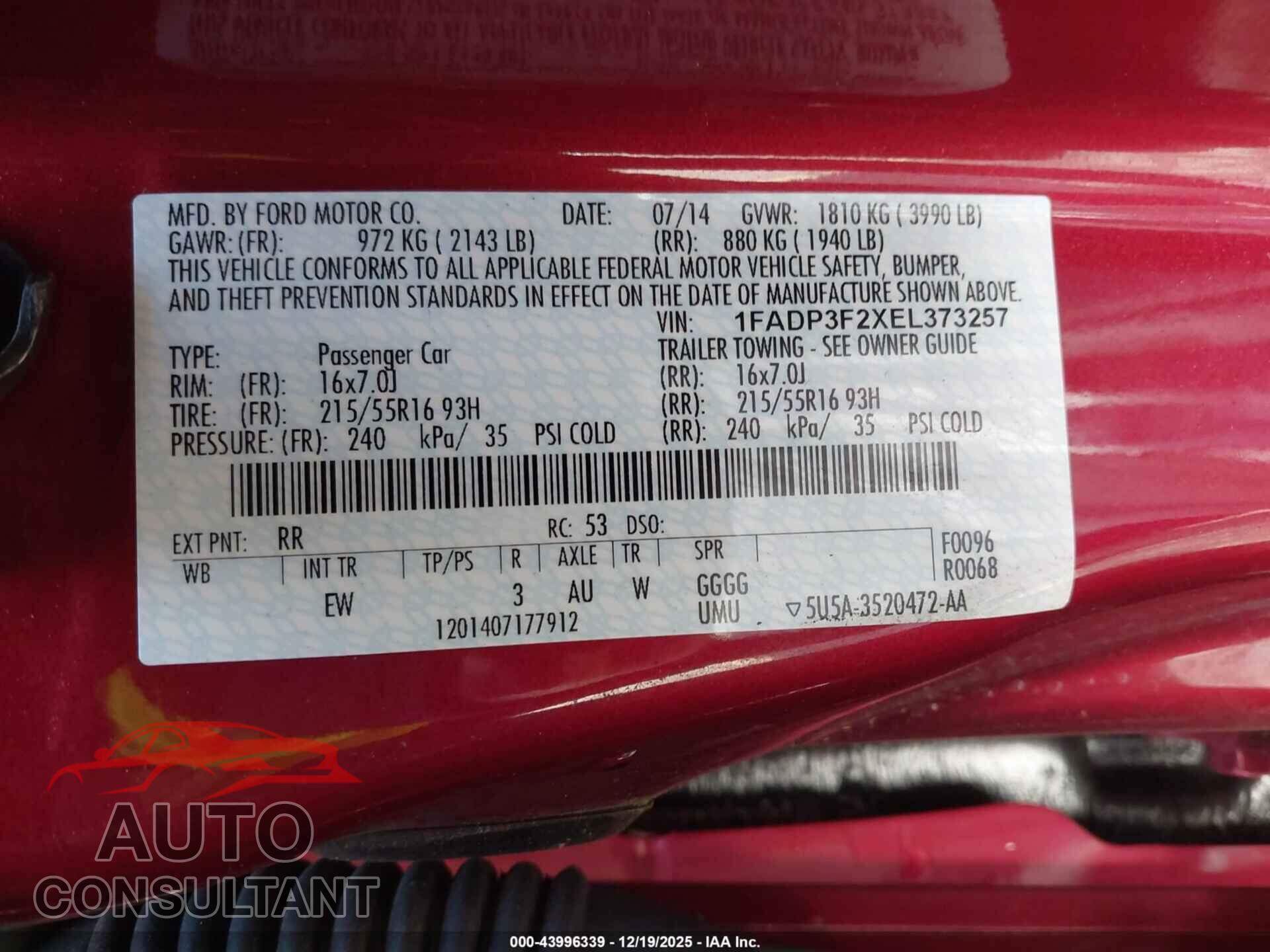 FORD FOCUS 2014 - 1FADP3F2XEL373257