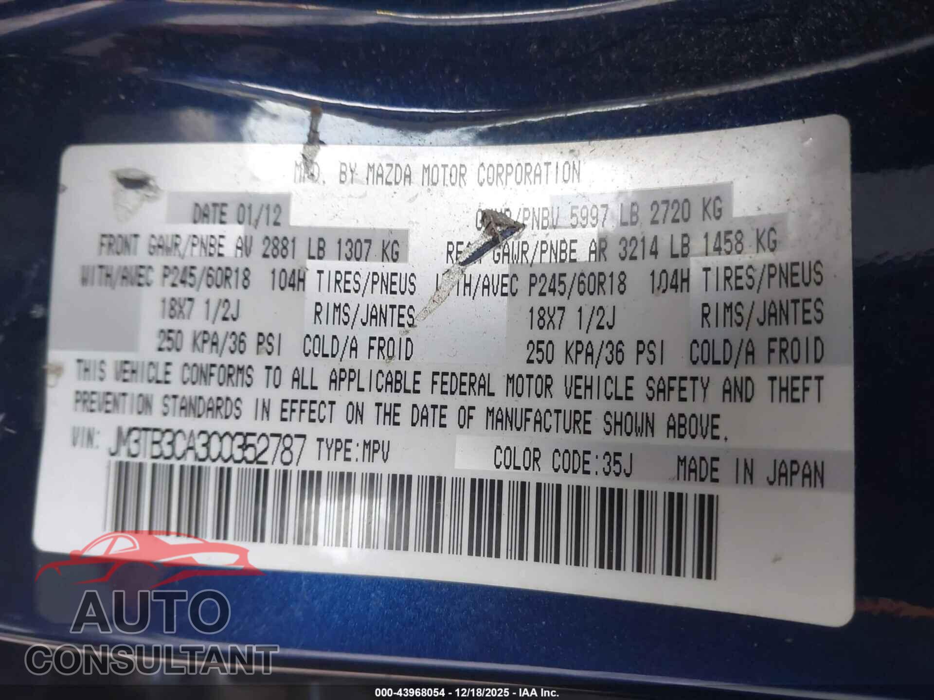MAZDA CX-9 2012 - JM3TB3CA3C0352787