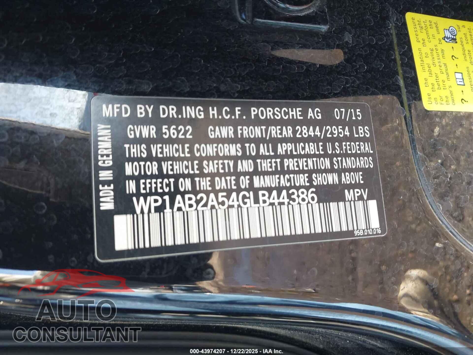 PORSCHE MACAN 2016 - WP1AB2A54GLB44386