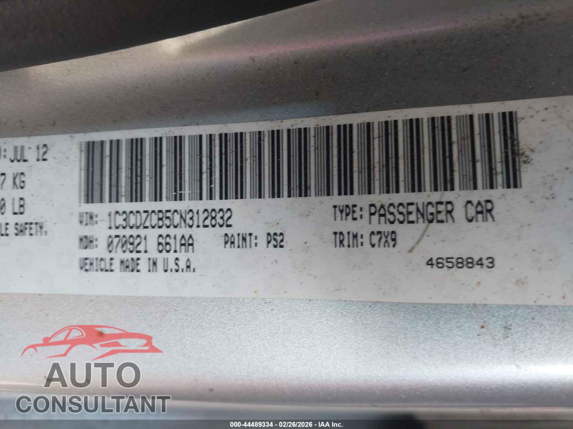DODGE AVENGER 2012 - 1C3CDZCB5CN312832